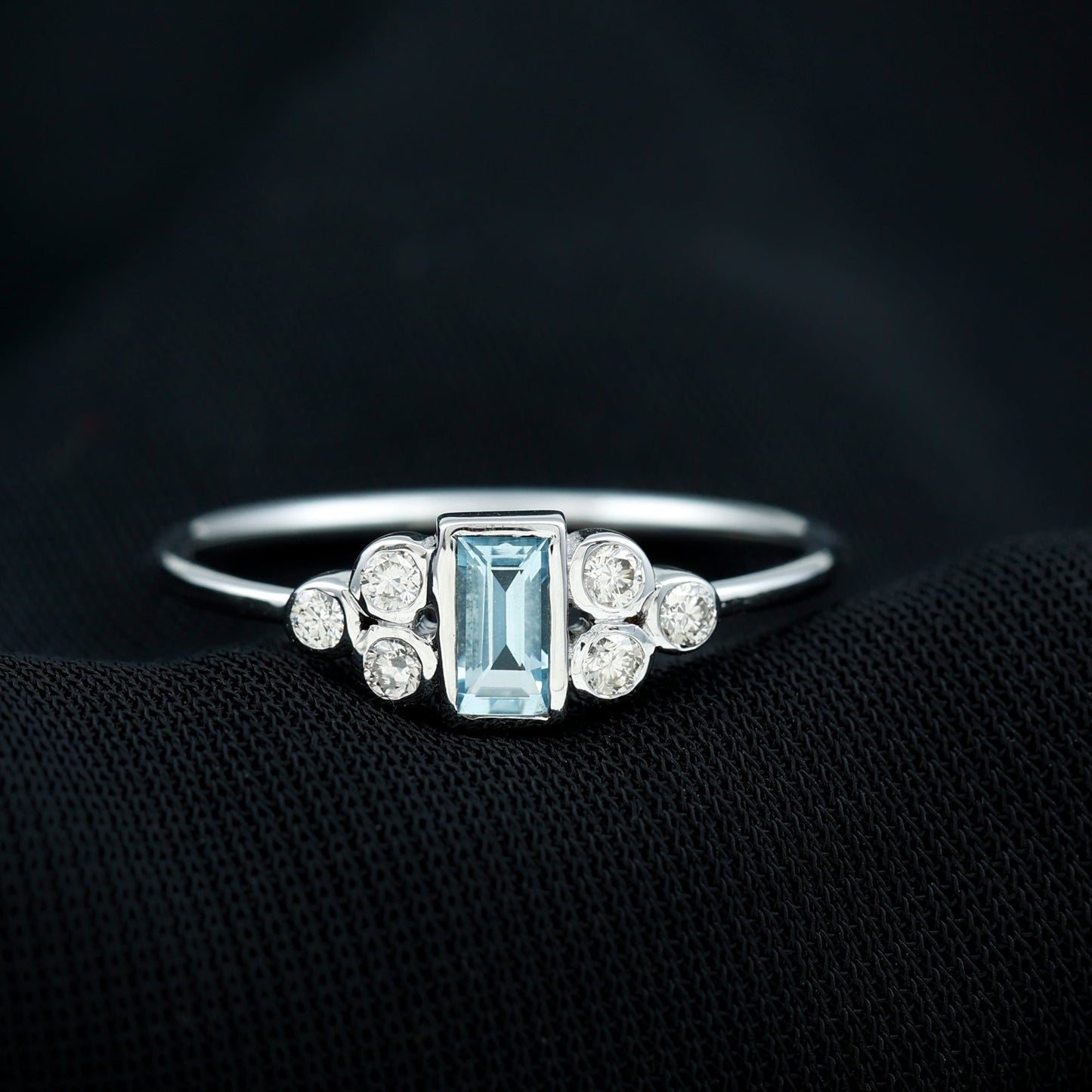 Natural Baguette Aquamarine Promise Ring with Diamond Trio