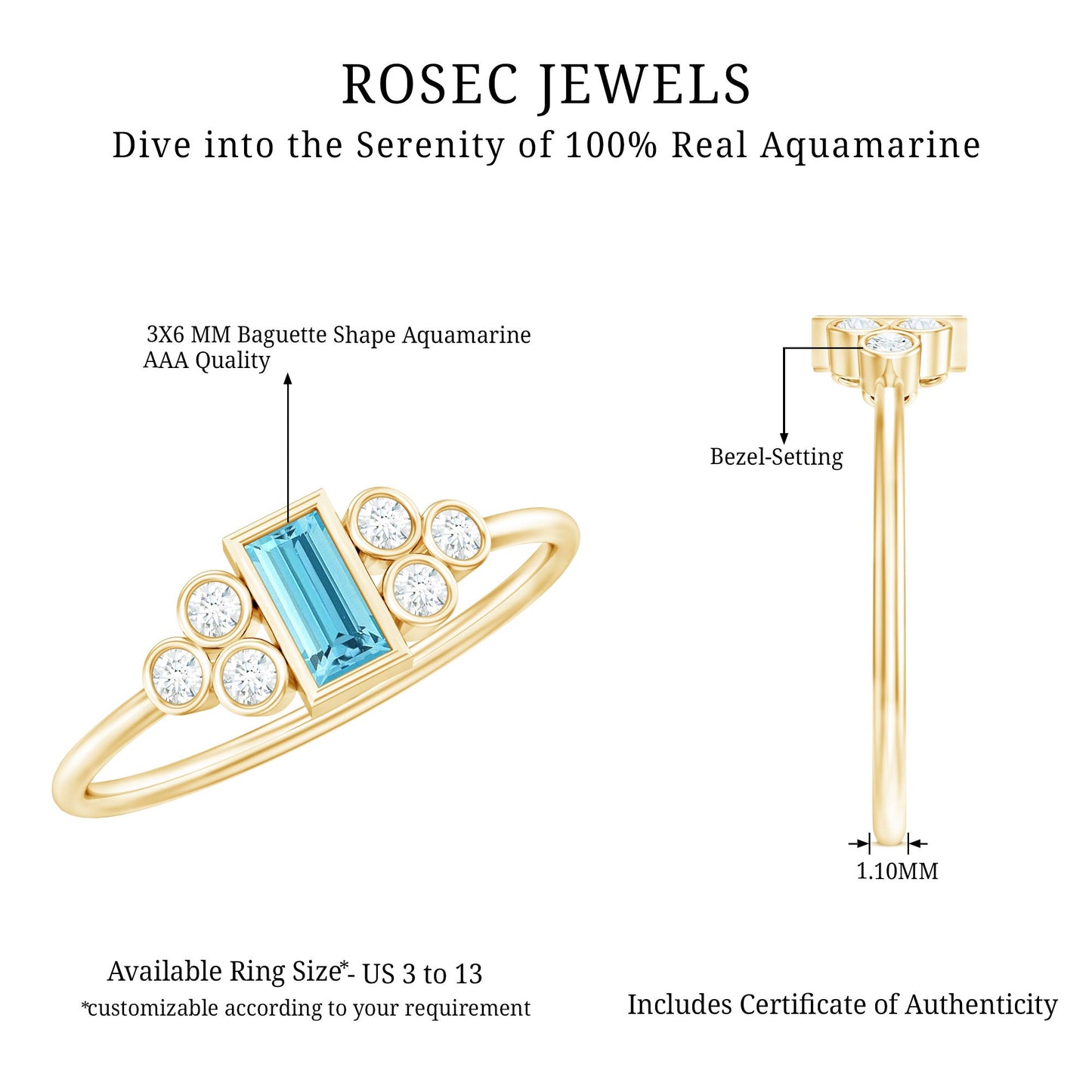 Natural Baguette Aquamarine Promise Ring with Diamond Trio