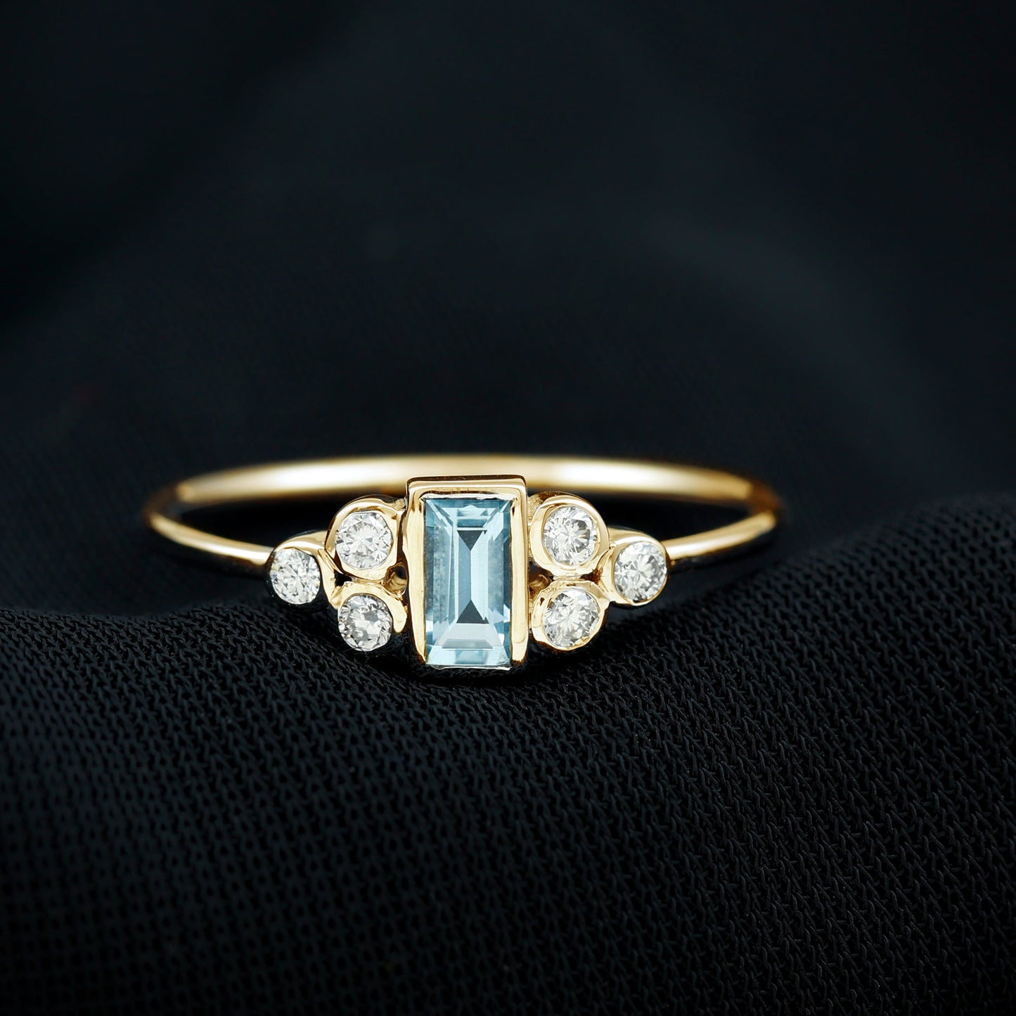 Natural Baguette Aquamarine Promise Ring with Diamond Trio