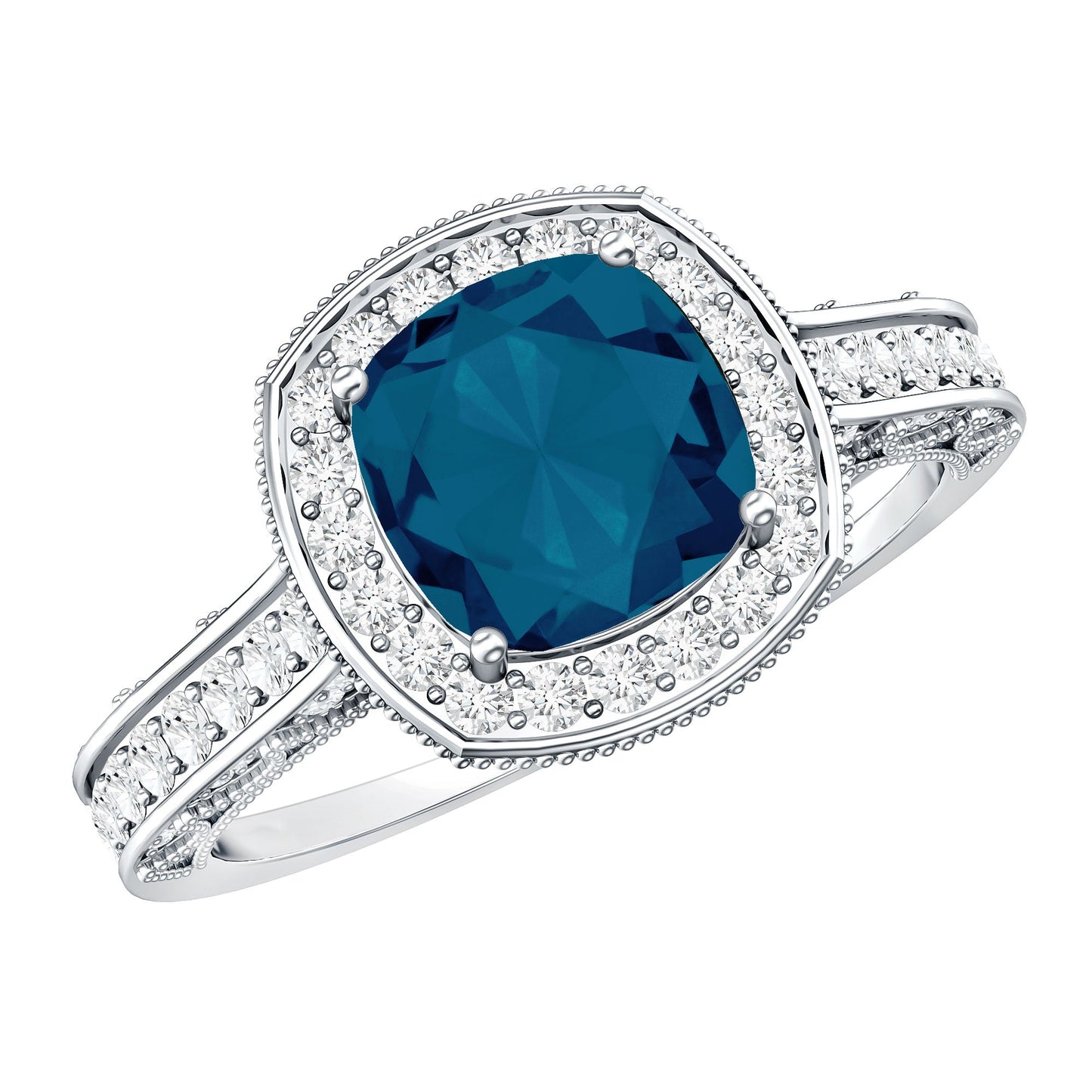 2.8 Carat Cushion Cut London Blue Topaz Halo Engagement Ring with Diamond