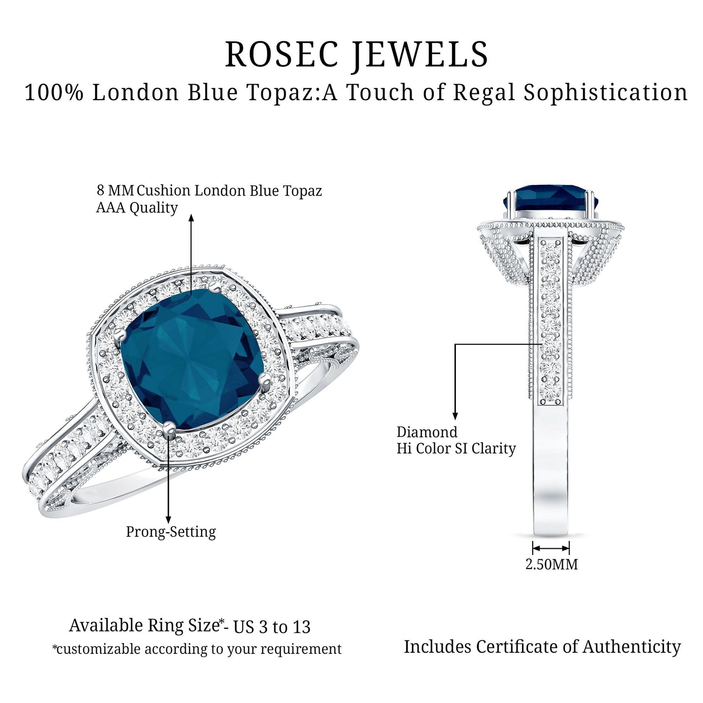 2.8 Carat Cushion Cut London Blue Topaz Halo Engagement Ring with Diamond