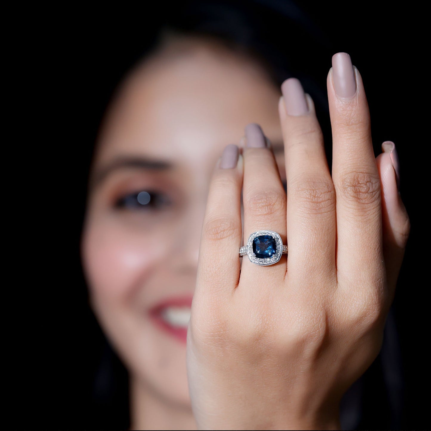 2.8 Carat Cushion Cut London Blue Topaz Halo Engagement Ring with Diamond