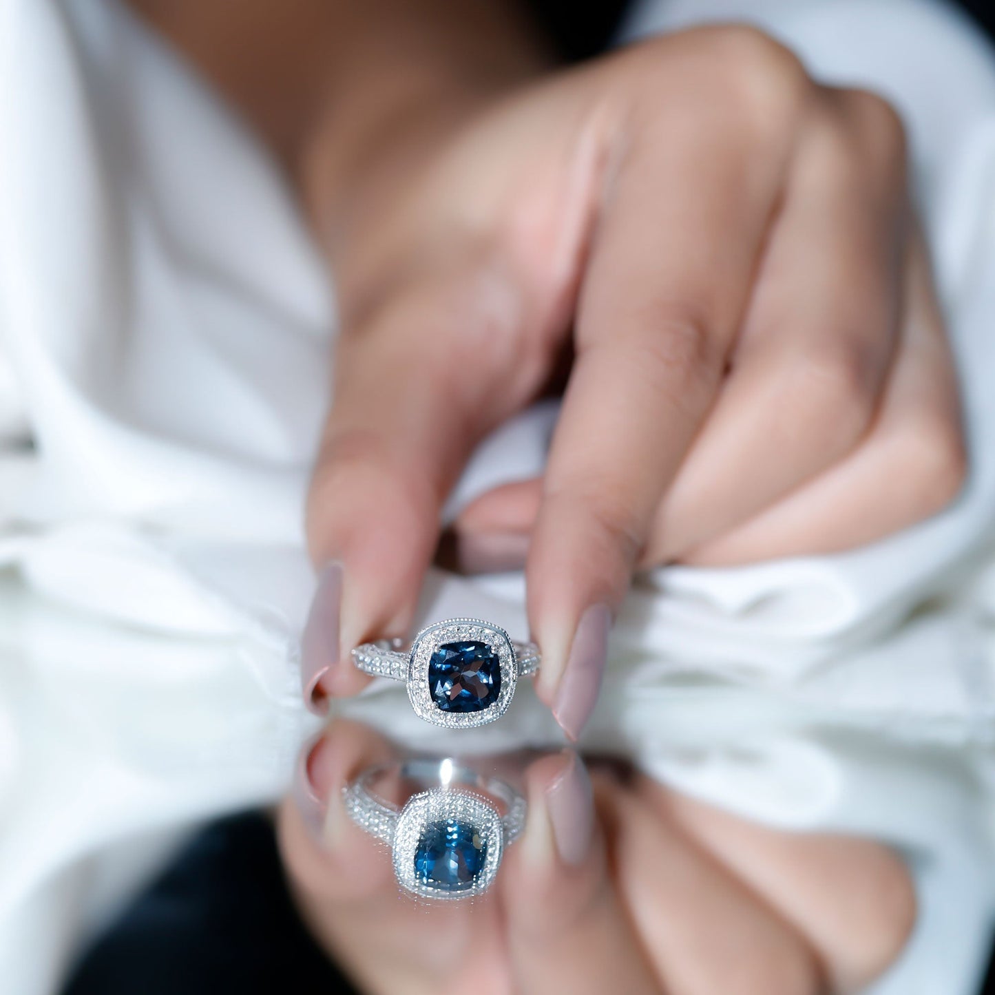 2.8 Carat Cushion Cut London Blue Topaz Halo Engagement Ring with Diamond