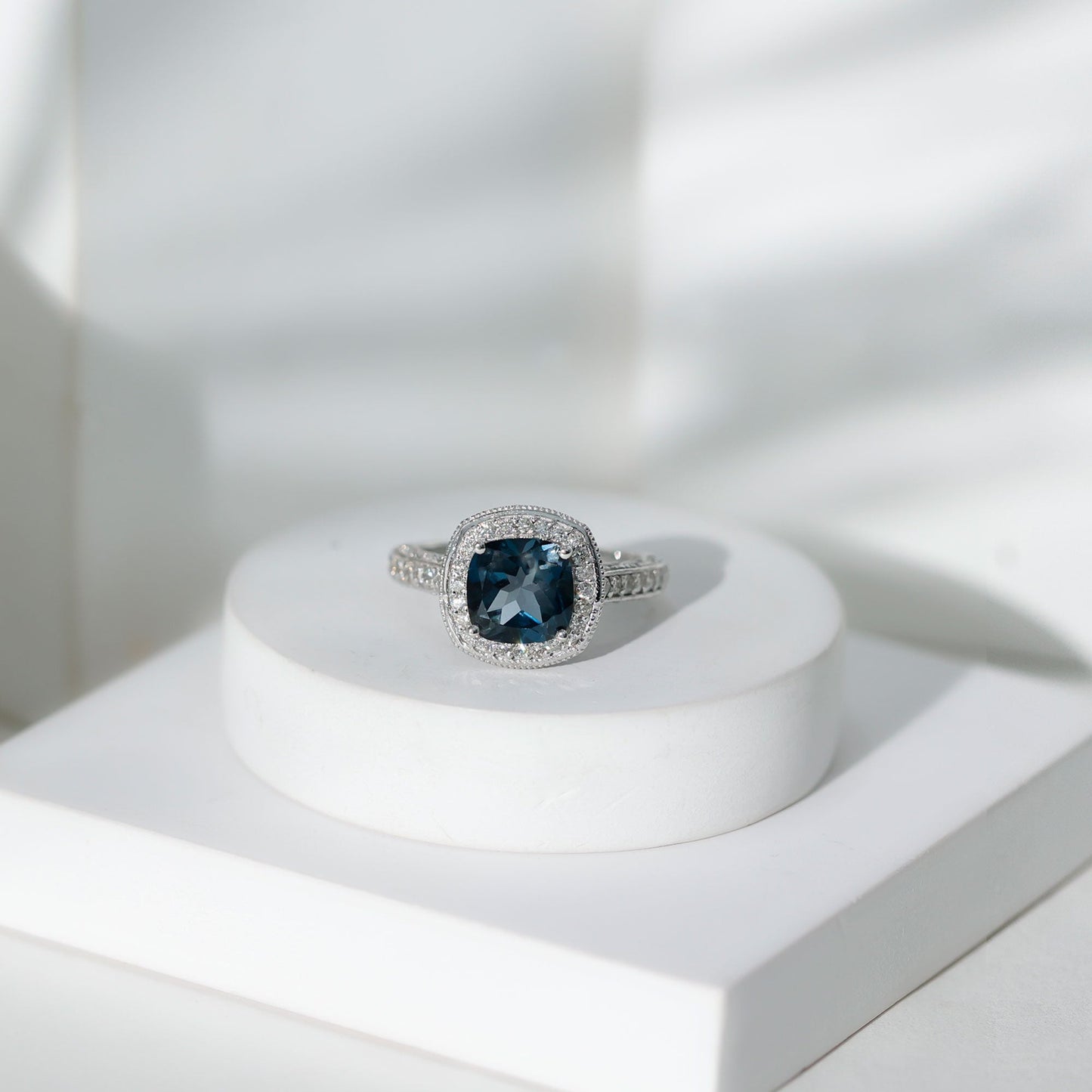 2.8 Carat Cushion Cut London Blue Topaz Halo Engagement Ring with Diamond