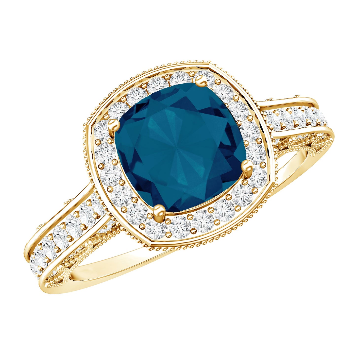 2.8 Carat Cushion Cut London Blue Topaz Halo Engagement Ring with Diamond