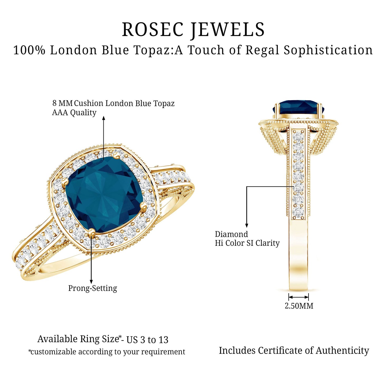 2.8 Carat Cushion Cut London Blue Topaz Halo Engagement Ring with Diamond