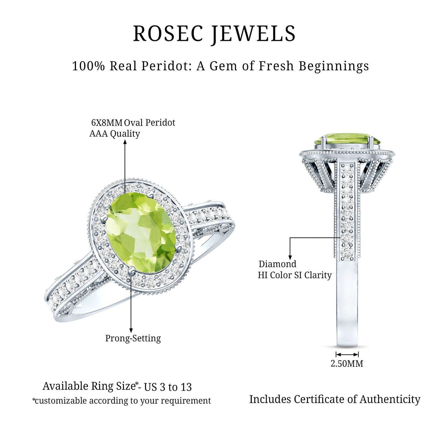 Natural Peridot and Diamond Engagement Ring with Milgrain Details