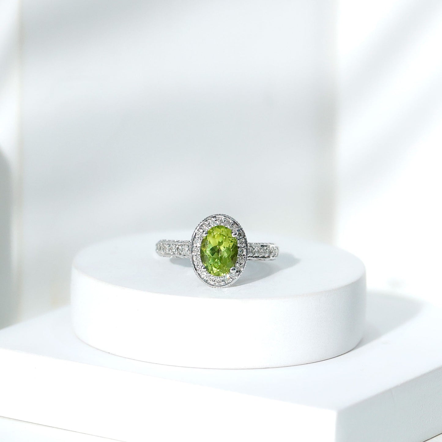 Natural Peridot and Diamond Engagement Ring with Milgrain Details