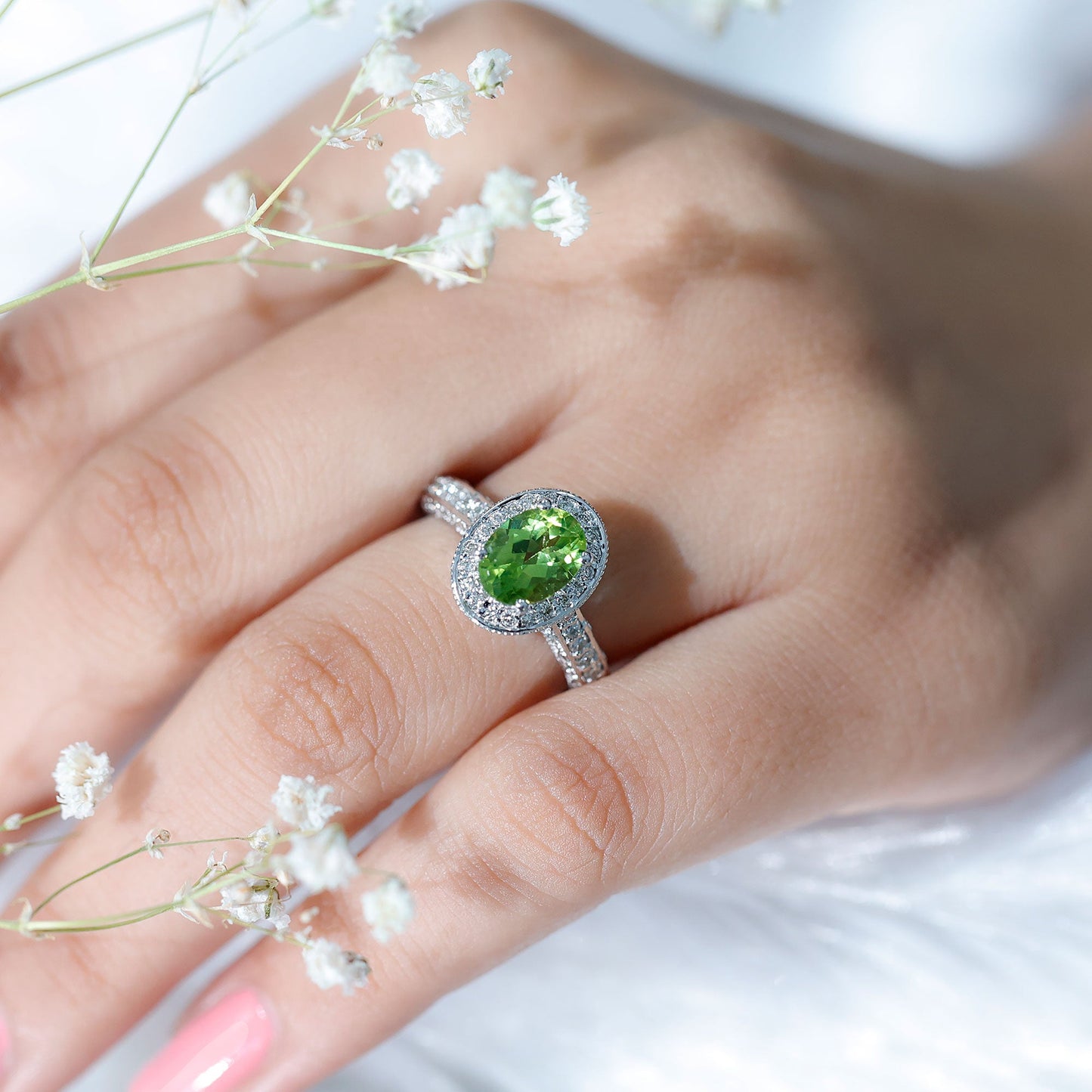 Natural Peridot and Diamond Engagement Ring with Milgrain Details