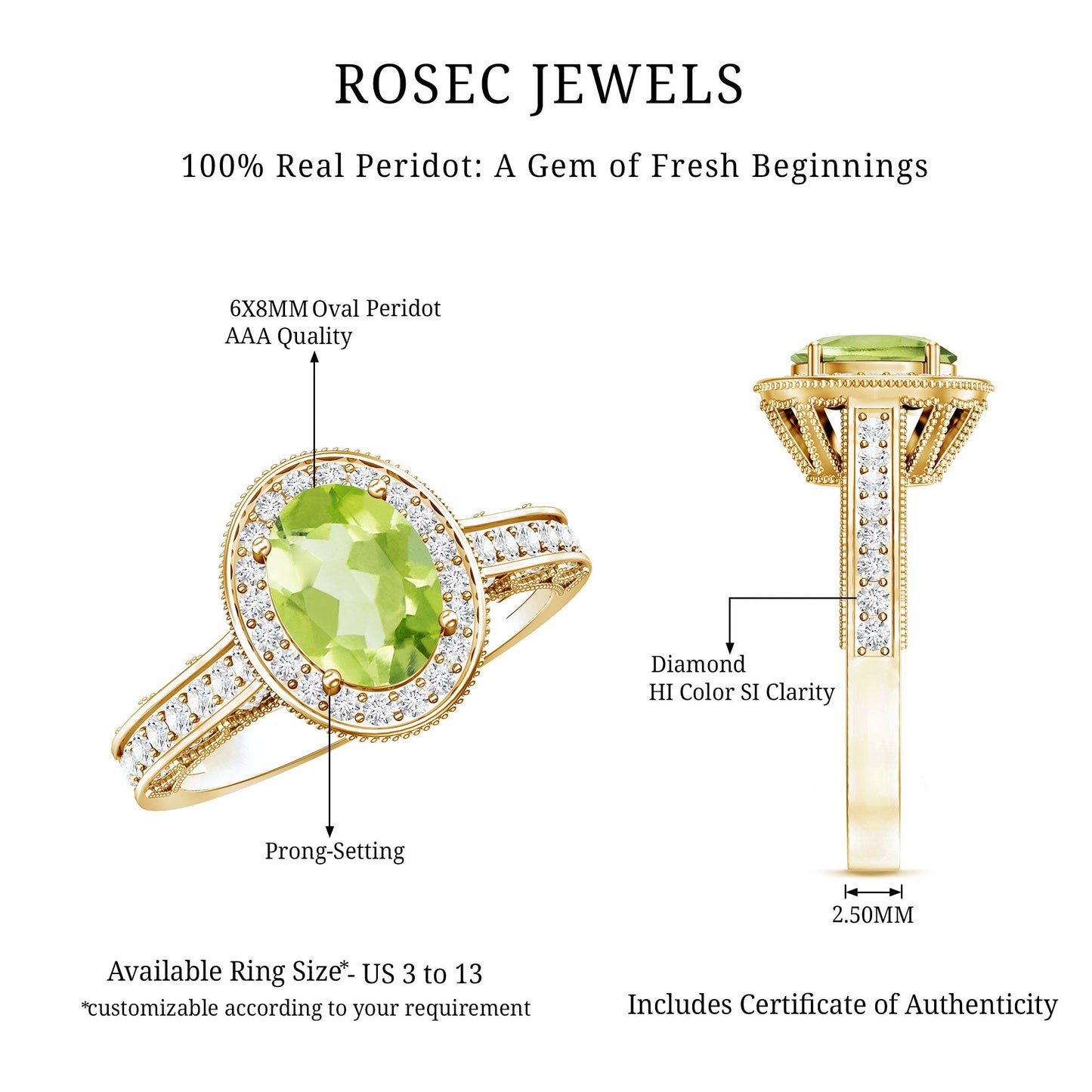Natural Peridot and Diamond Engagement Ring with Milgrain Details