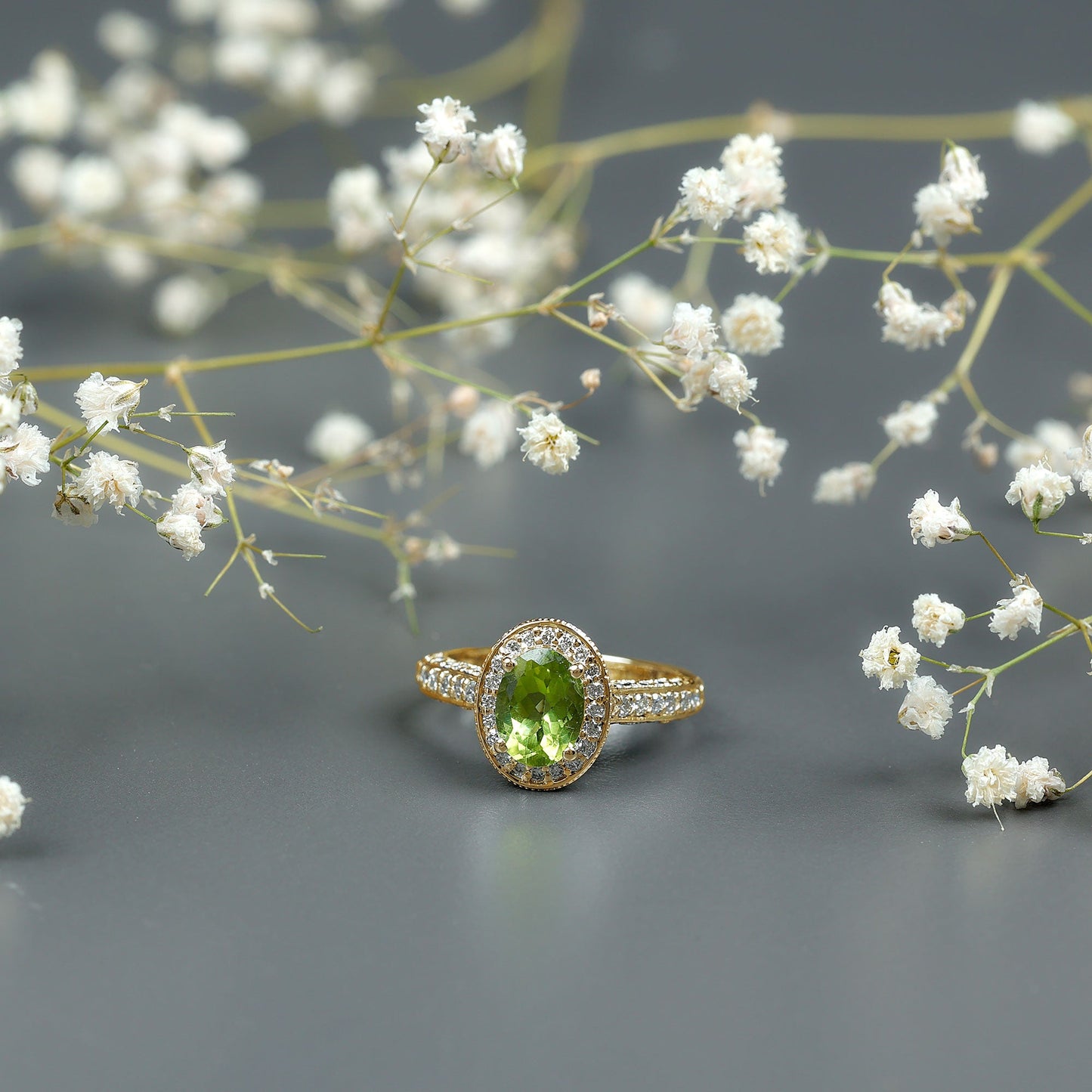 Natural Peridot and Diamond Engagement Ring with Milgrain Details