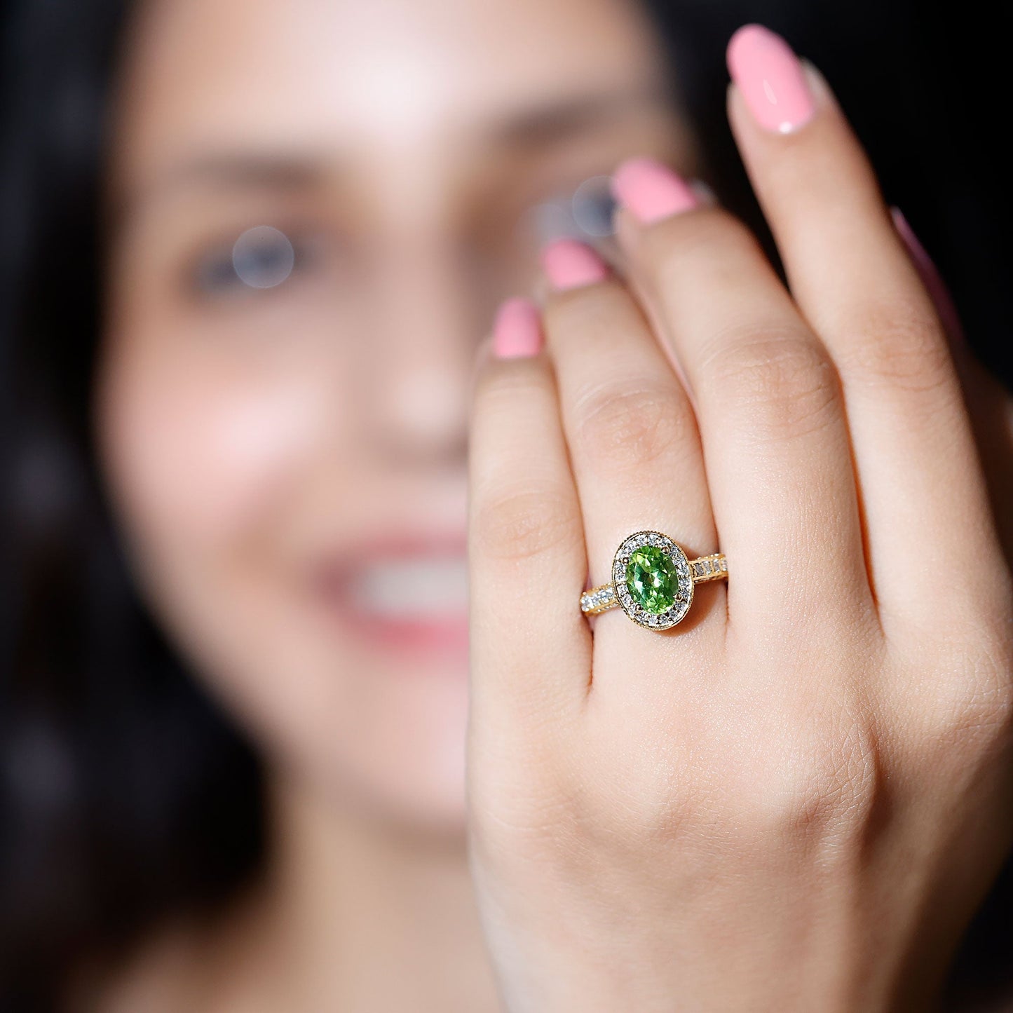 Natural Peridot and Diamond Engagement Ring with Milgrain Details