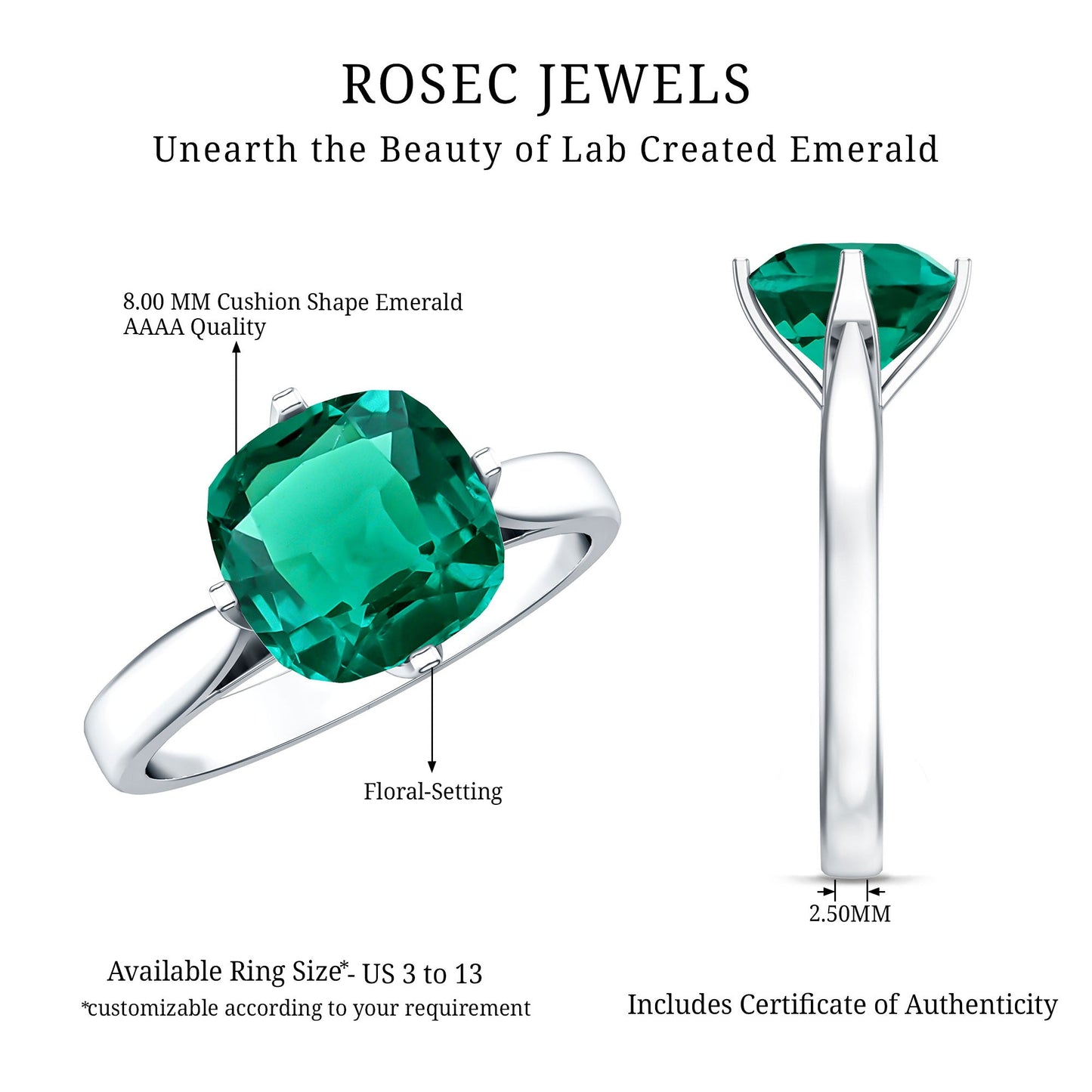 Cushion Cut Lab Grown Emerald Solitaire Engagement Ring