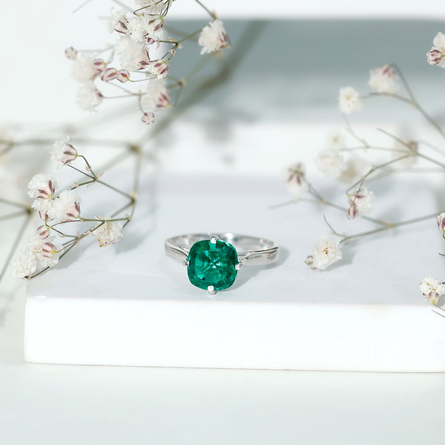 Cushion Cut Lab Grown Emerald Solitaire Engagement Ring