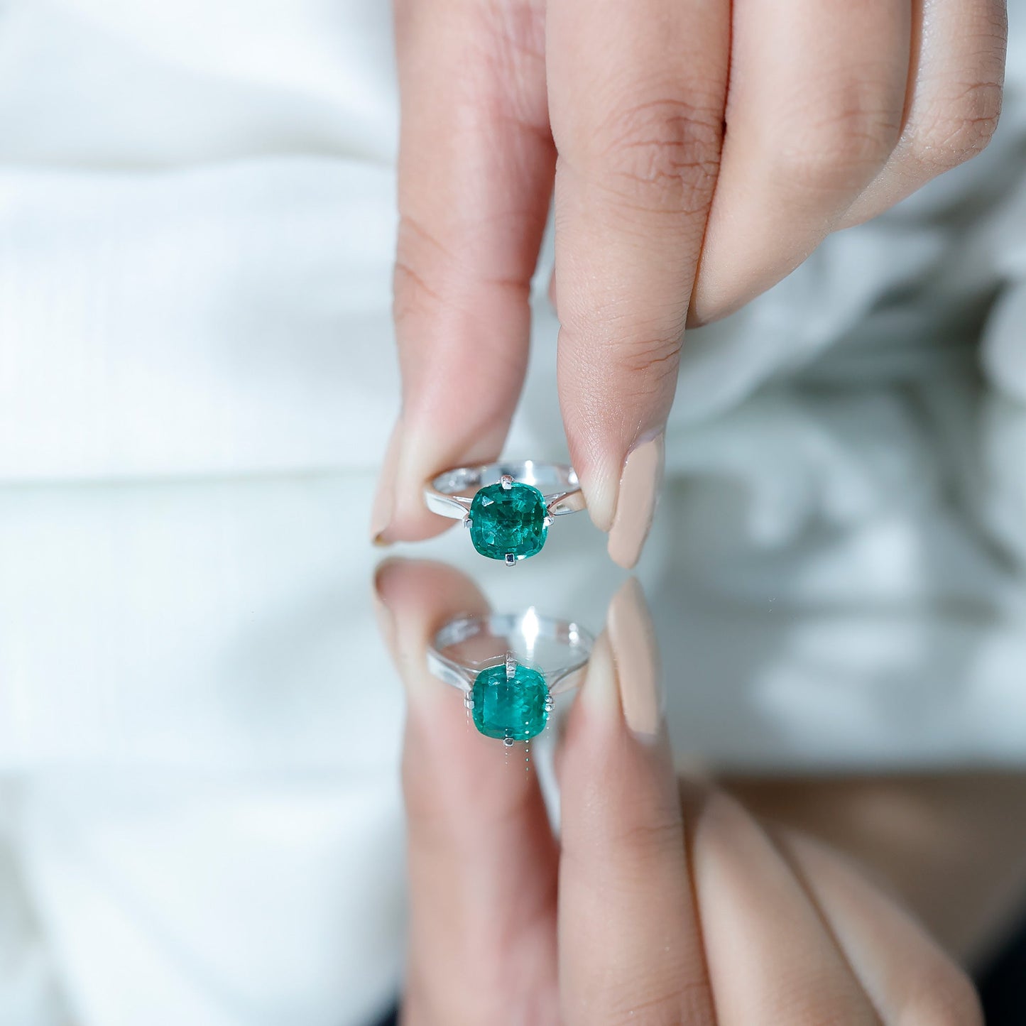 Cushion Cut Lab Grown Emerald Solitaire Engagement Ring