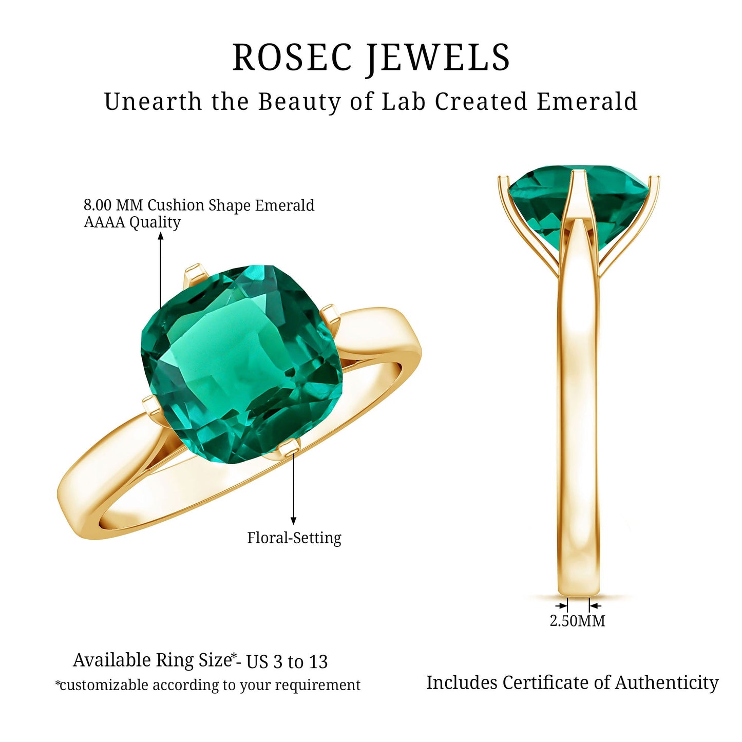 Cushion Cut Lab Grown Emerald Solitaire Engagement Ring