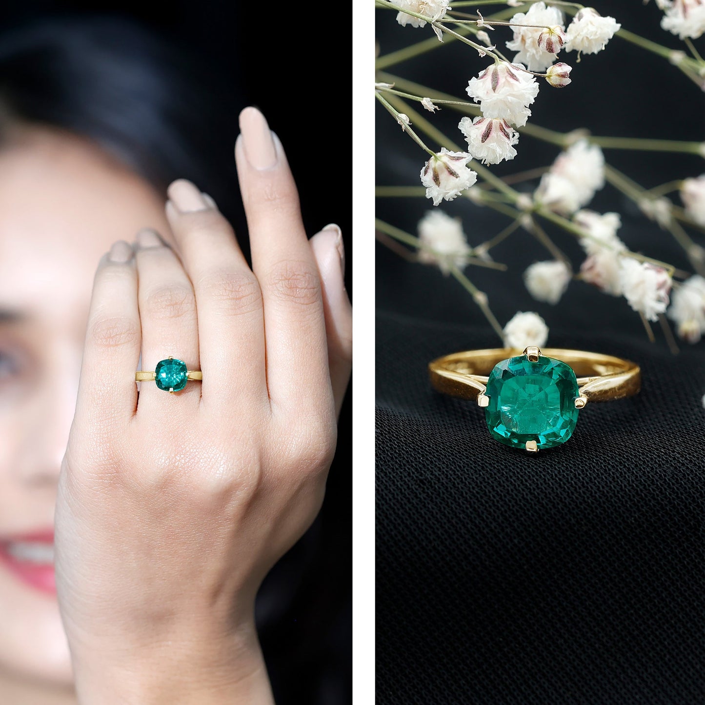 Cushion Cut Lab Grown Emerald Solitaire Engagement Ring