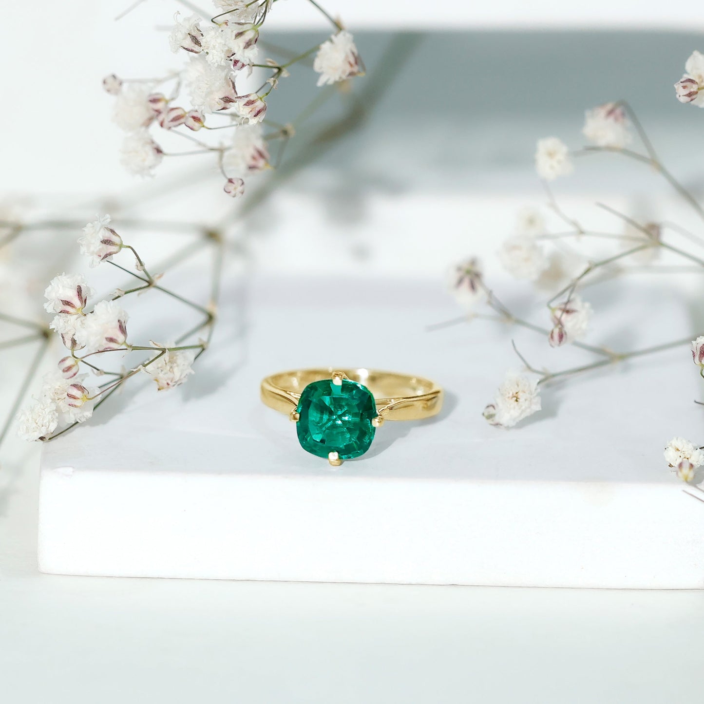 Cushion Cut Lab Grown Emerald Solitaire Engagement Ring