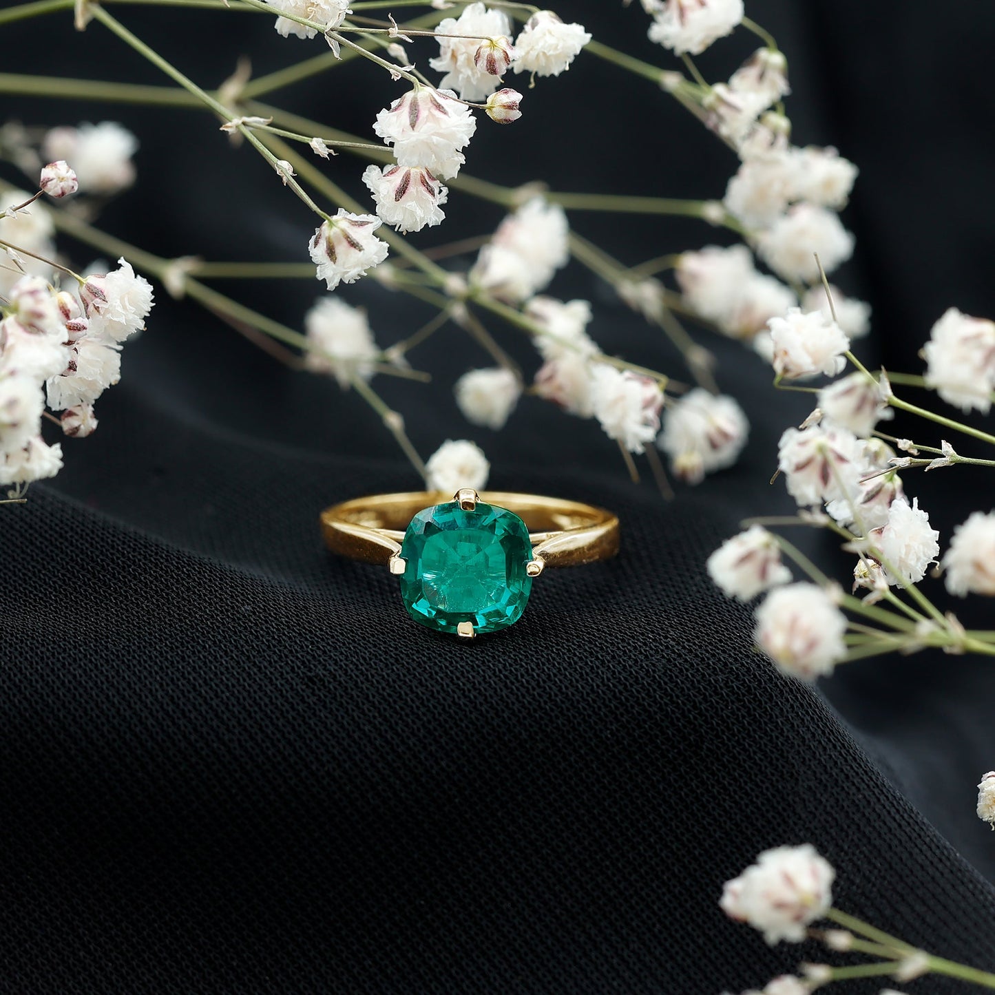 Cushion Cut Lab Grown Emerald Solitaire Engagement Ring
