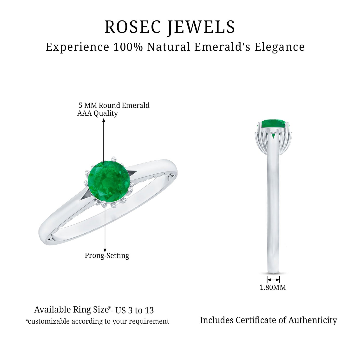 0.49 Carat May Birthstone Emerald Solitaire Ring with Milgrain Detailing