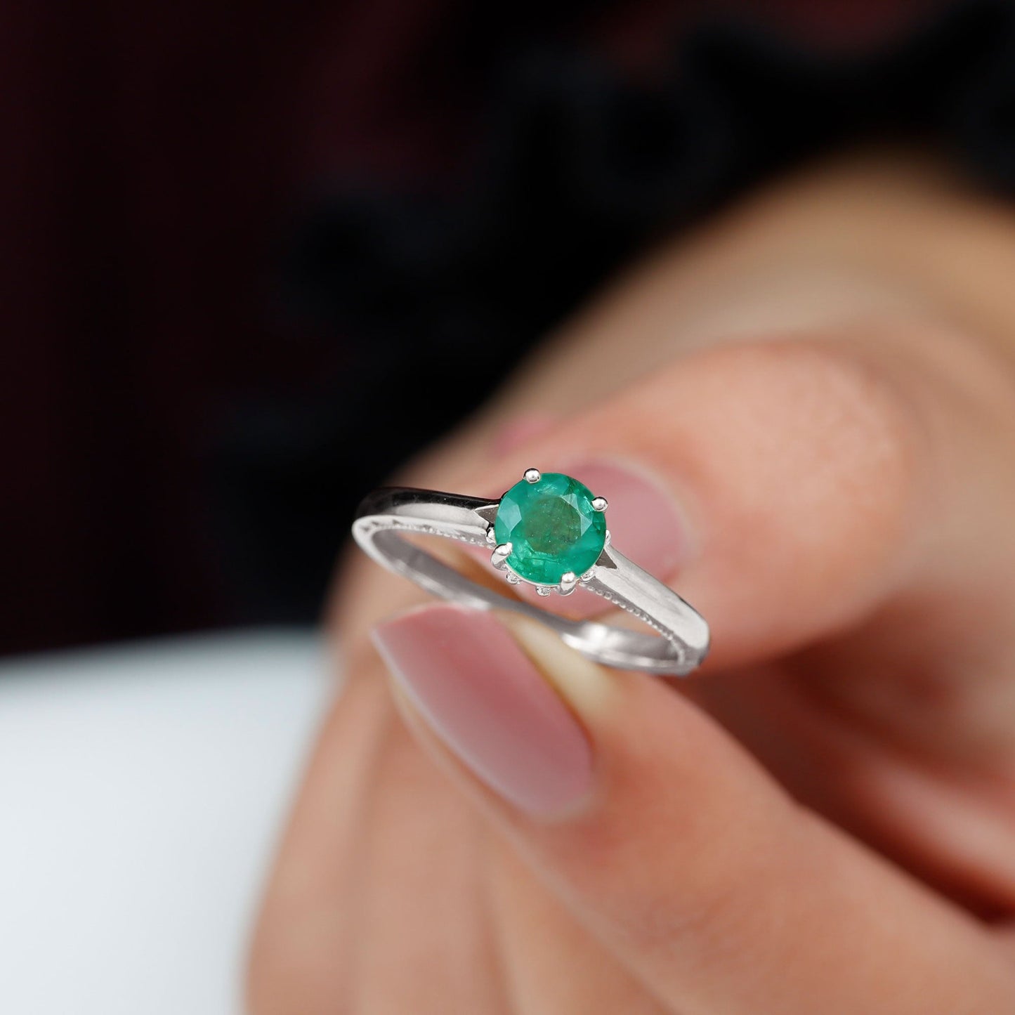 0.49 Carat May Birthstone Emerald Solitaire Ring with Milgrain Detailing