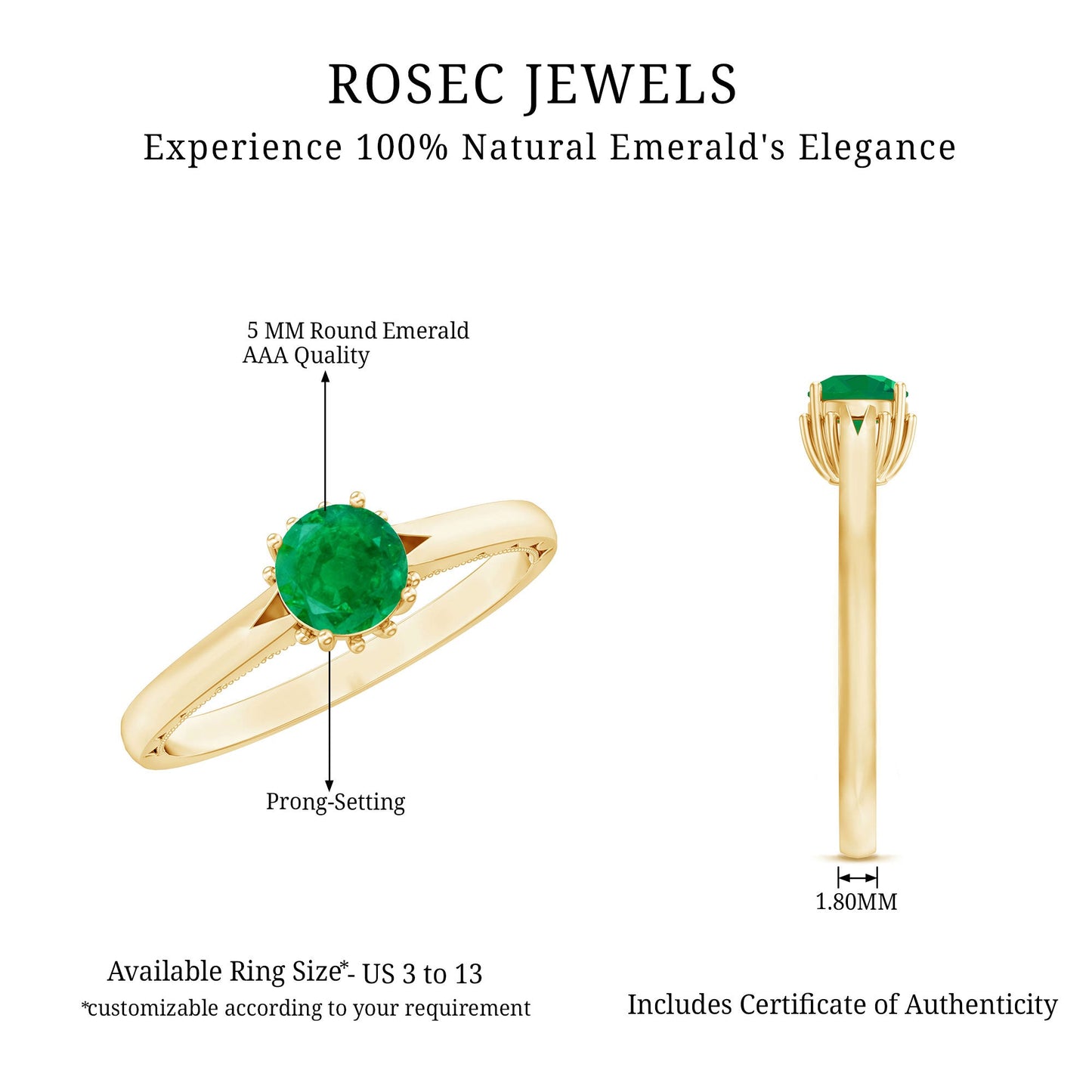 0.49 Carat May Birthstone Emerald Solitaire Ring with Milgrain Detailing