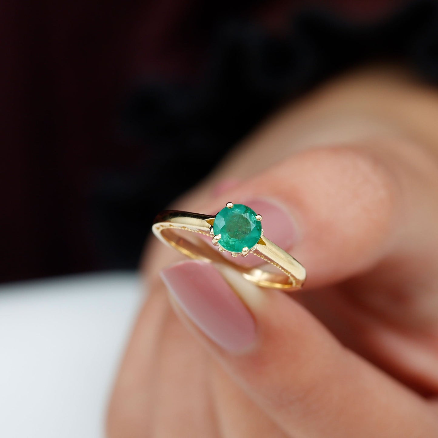 0.49 Carat May Birthstone Emerald Solitaire Ring with Milgrain Detailing