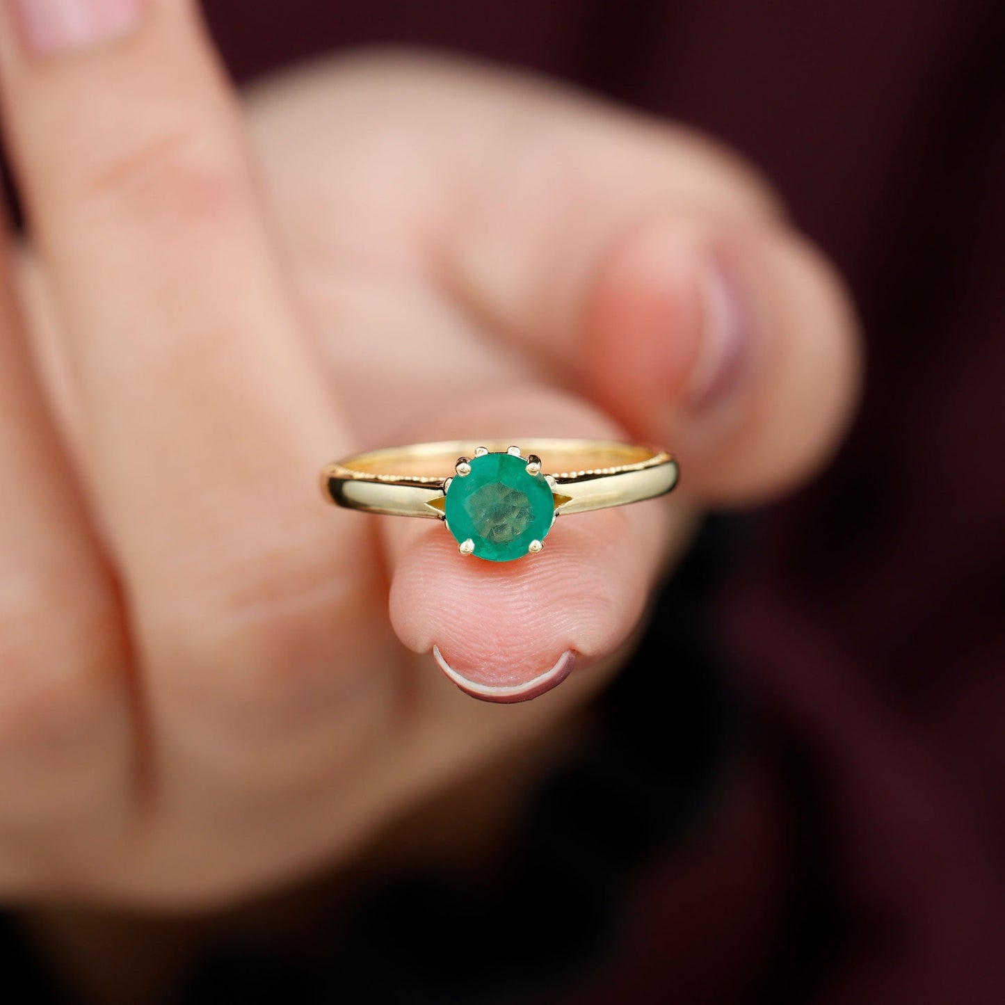 0.49 Carat May Birthstone Emerald Solitaire Ring with Milgrain Detailing