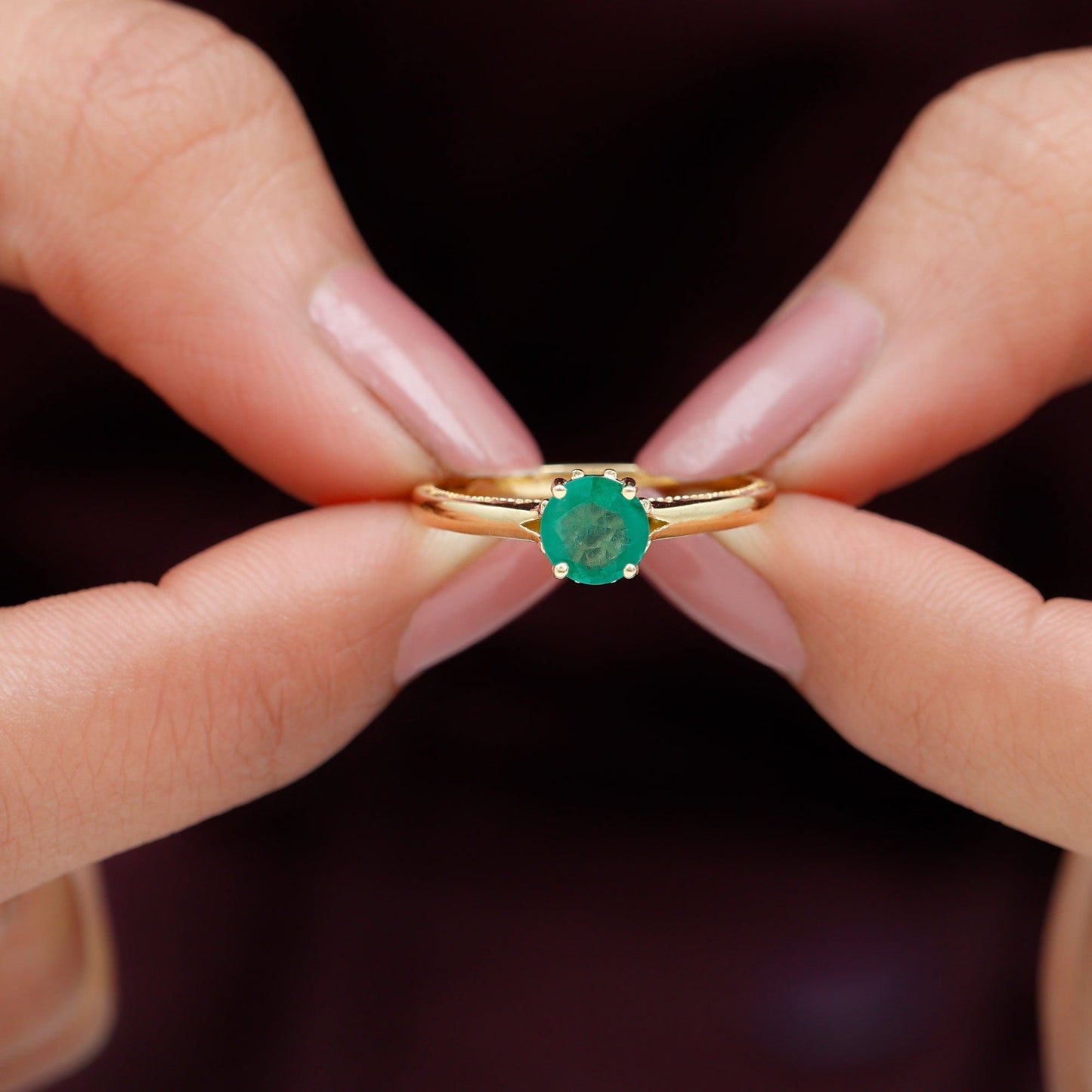 0.49 Carat May Birthstone Emerald Solitaire Ring with Milgrain Detailing