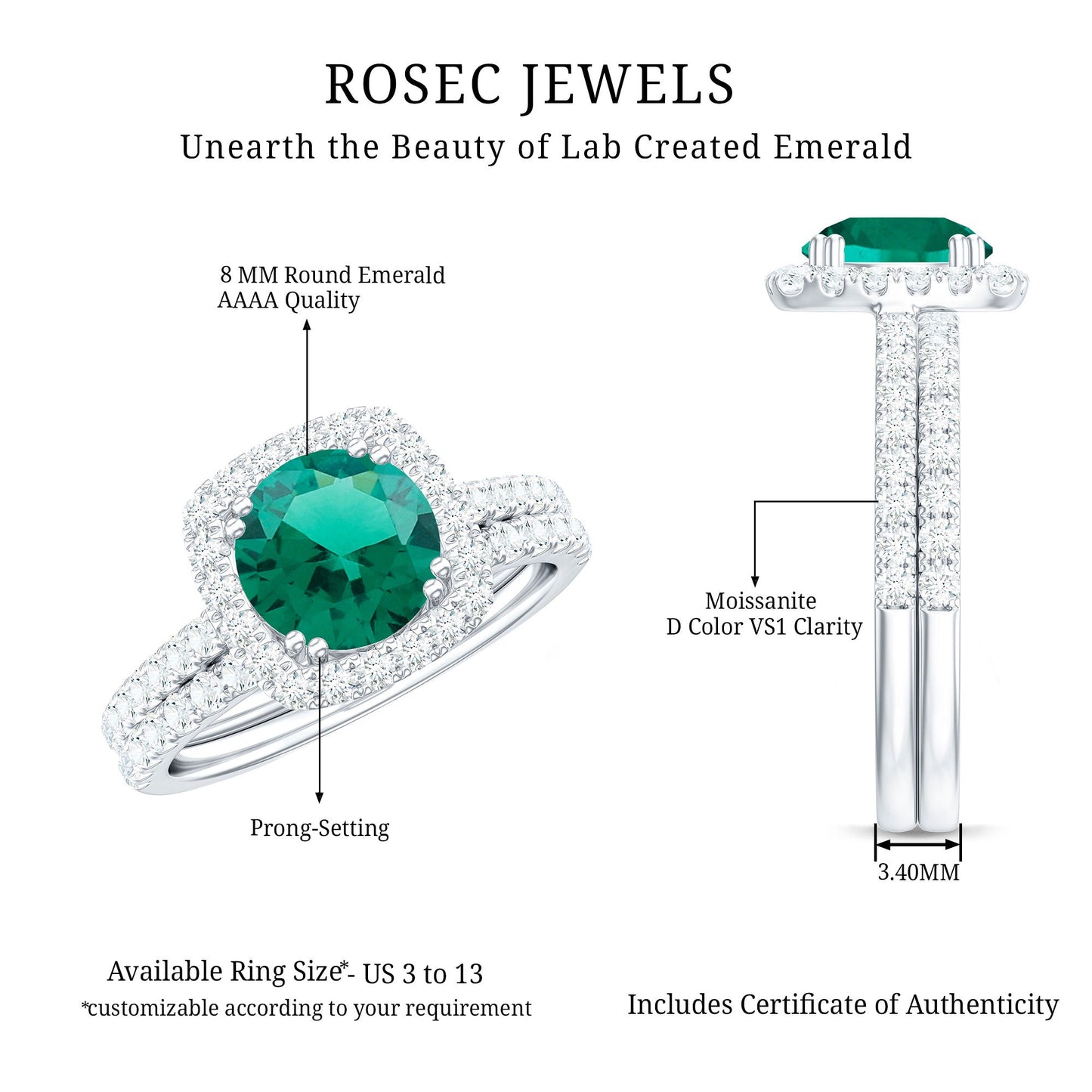 Certified Lab Grown Emerald Halo Engagement Ring with Moissanite Wedding Band