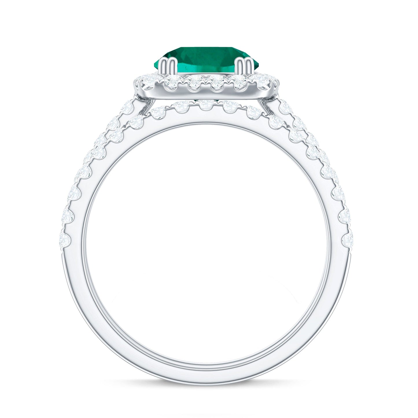 Certified Lab Grown Emerald Halo Engagement Ring with Moissanite Wedding Band
