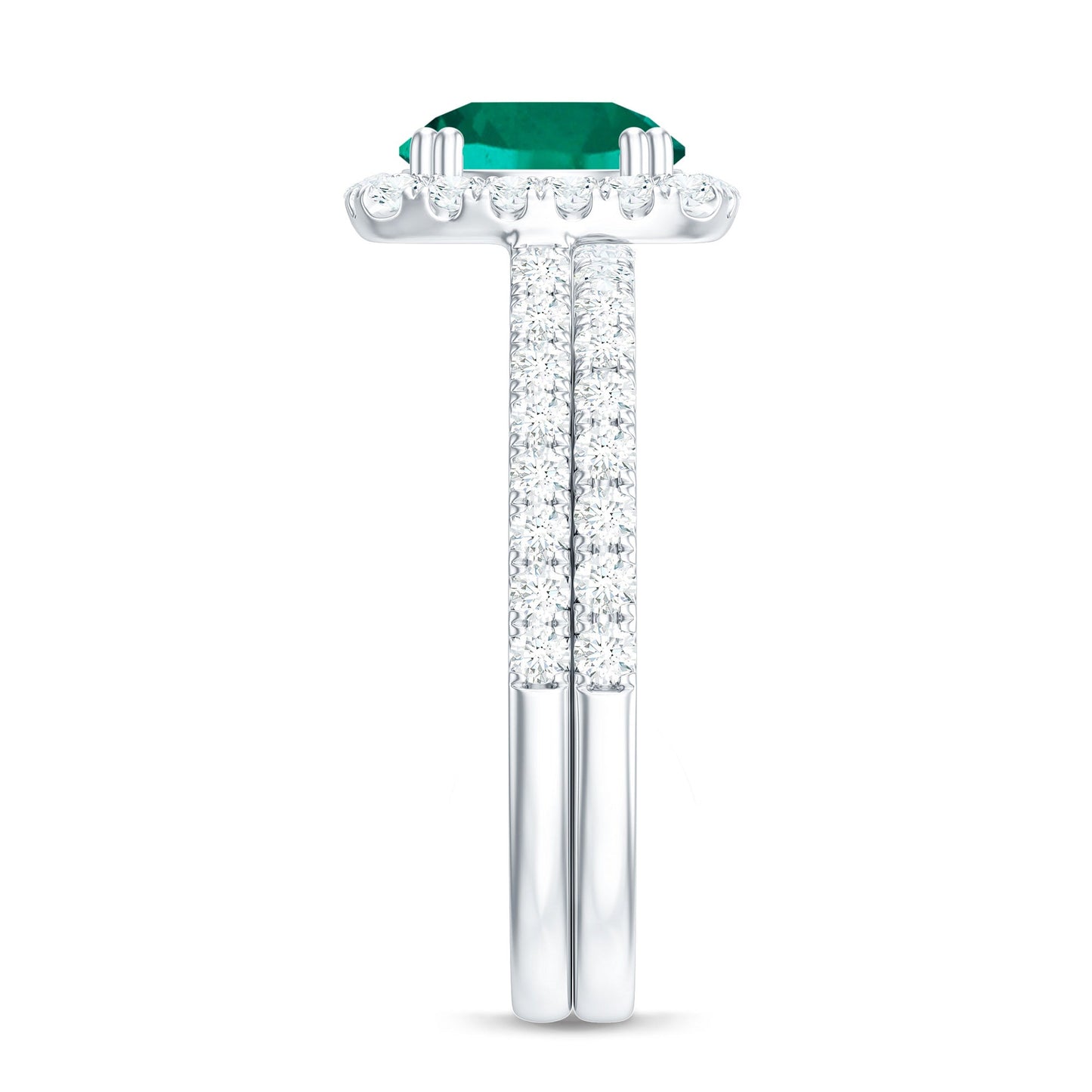 Certified Lab Grown Emerald Halo Engagement Ring with Moissanite Wedding Band