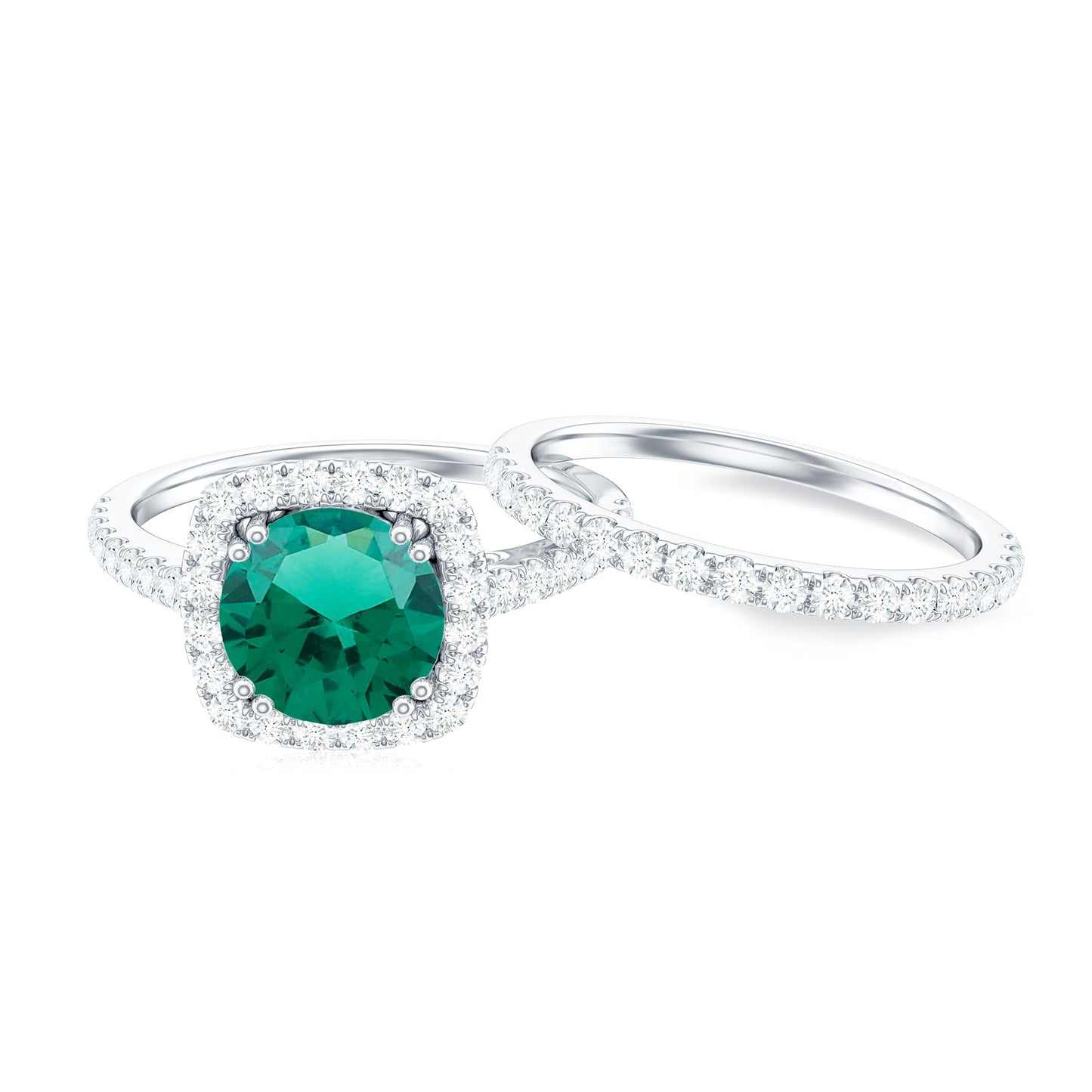 Certified Lab Grown Emerald Halo Engagement Ring with Moissanite Wedding Band