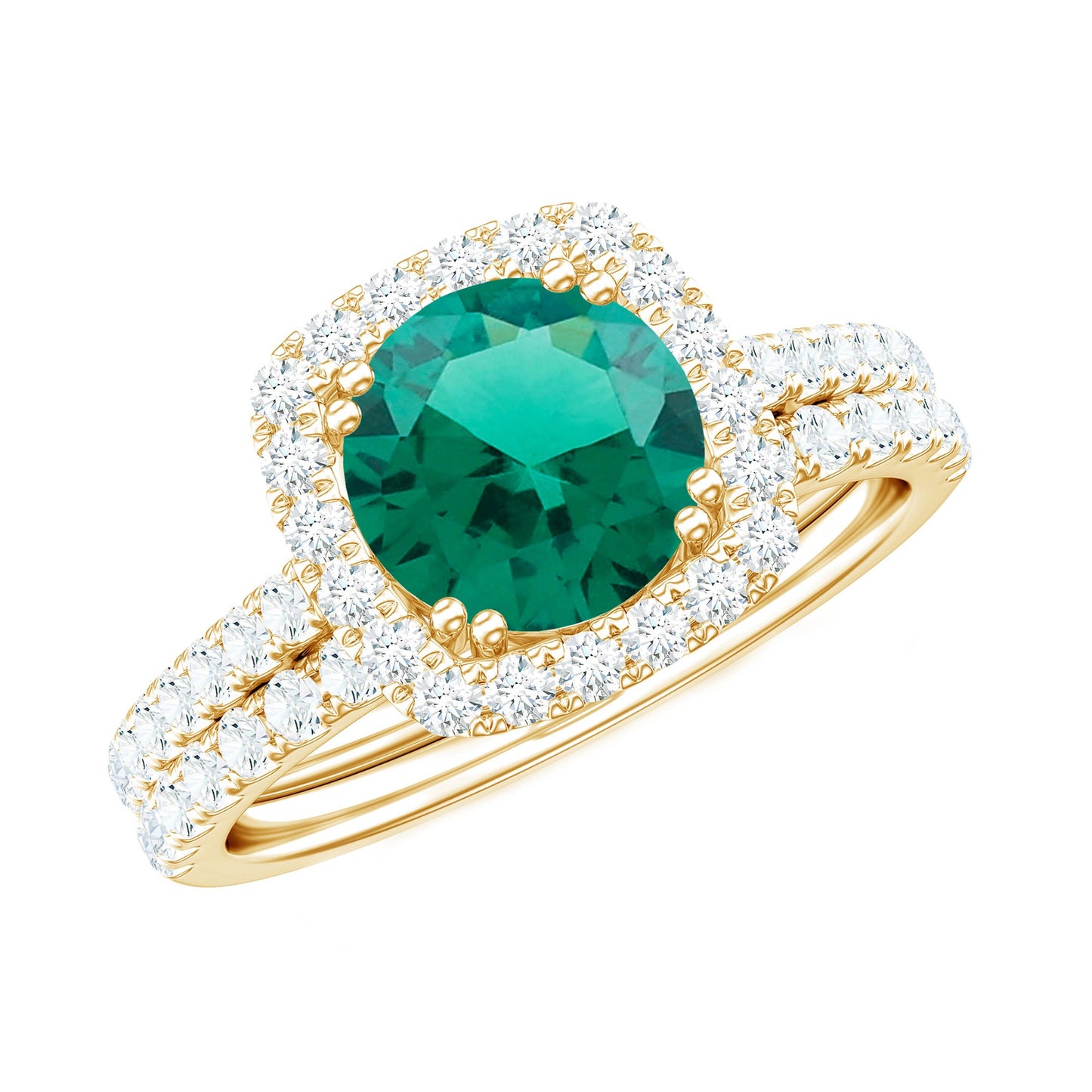 Certified Lab Grown Emerald Halo Engagement Ring with Moissanite Wedding Band
