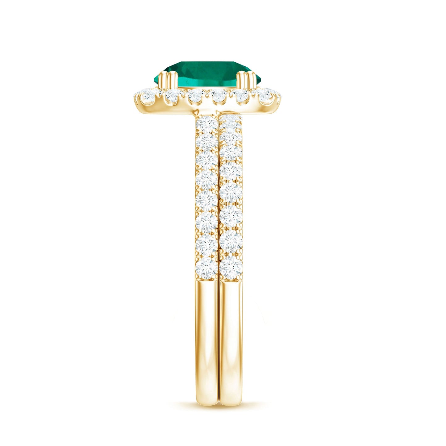 Certified Lab Grown Emerald Halo Engagement Ring with Moissanite Wedding Band