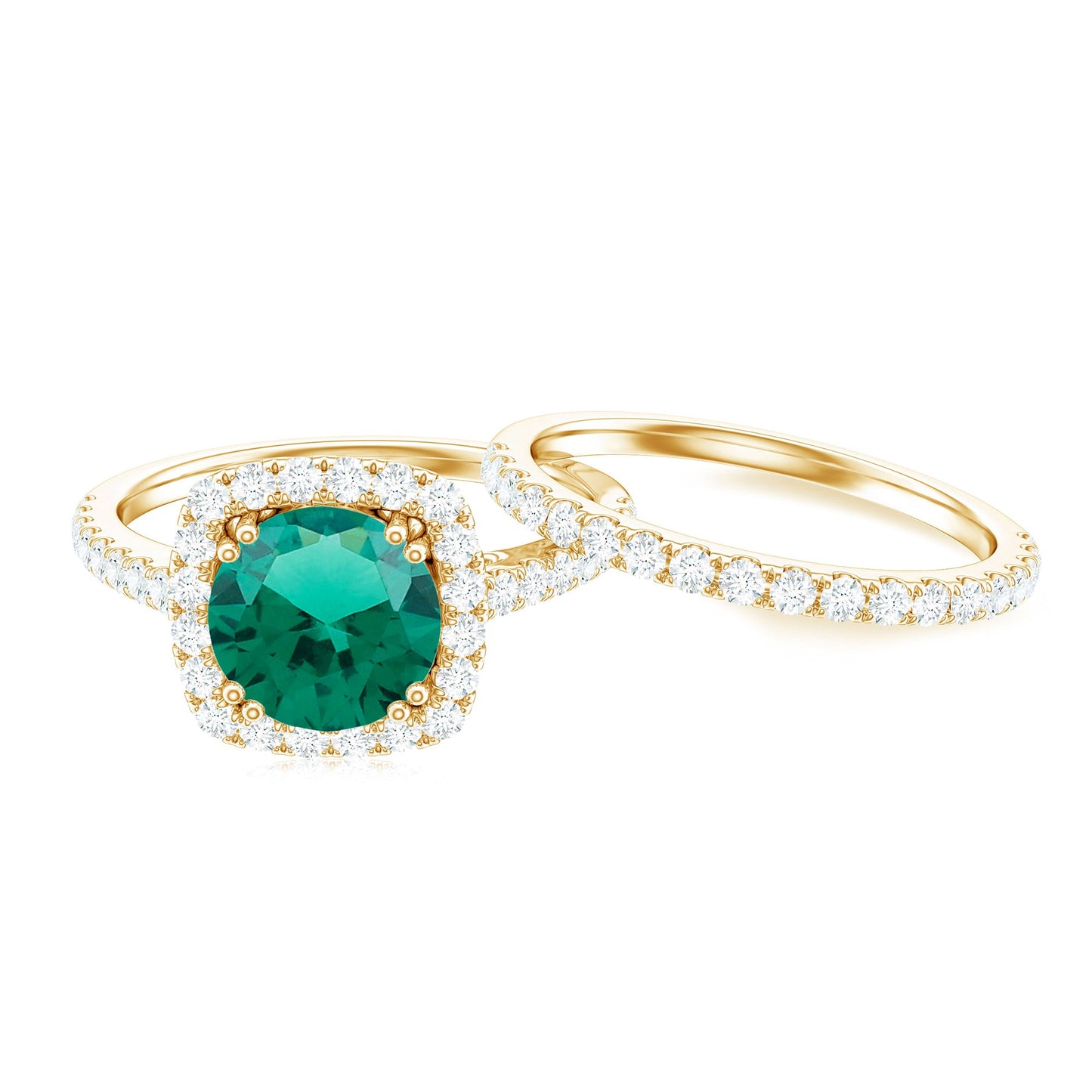 Certified Lab Grown Emerald Halo Engagement Ring with Moissanite Wedding Band