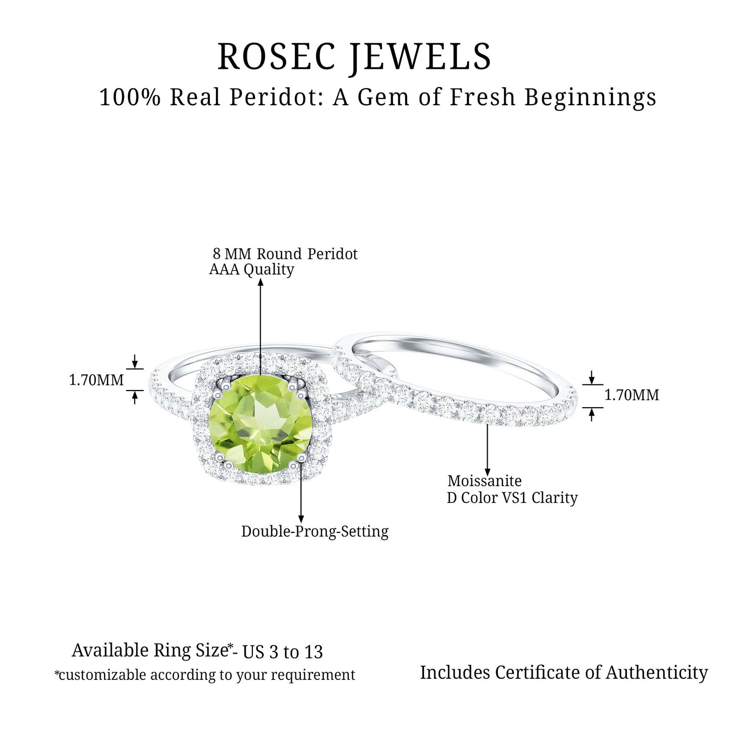 Natural 2 Carat Peridot Engagement Ring with Wedding Band