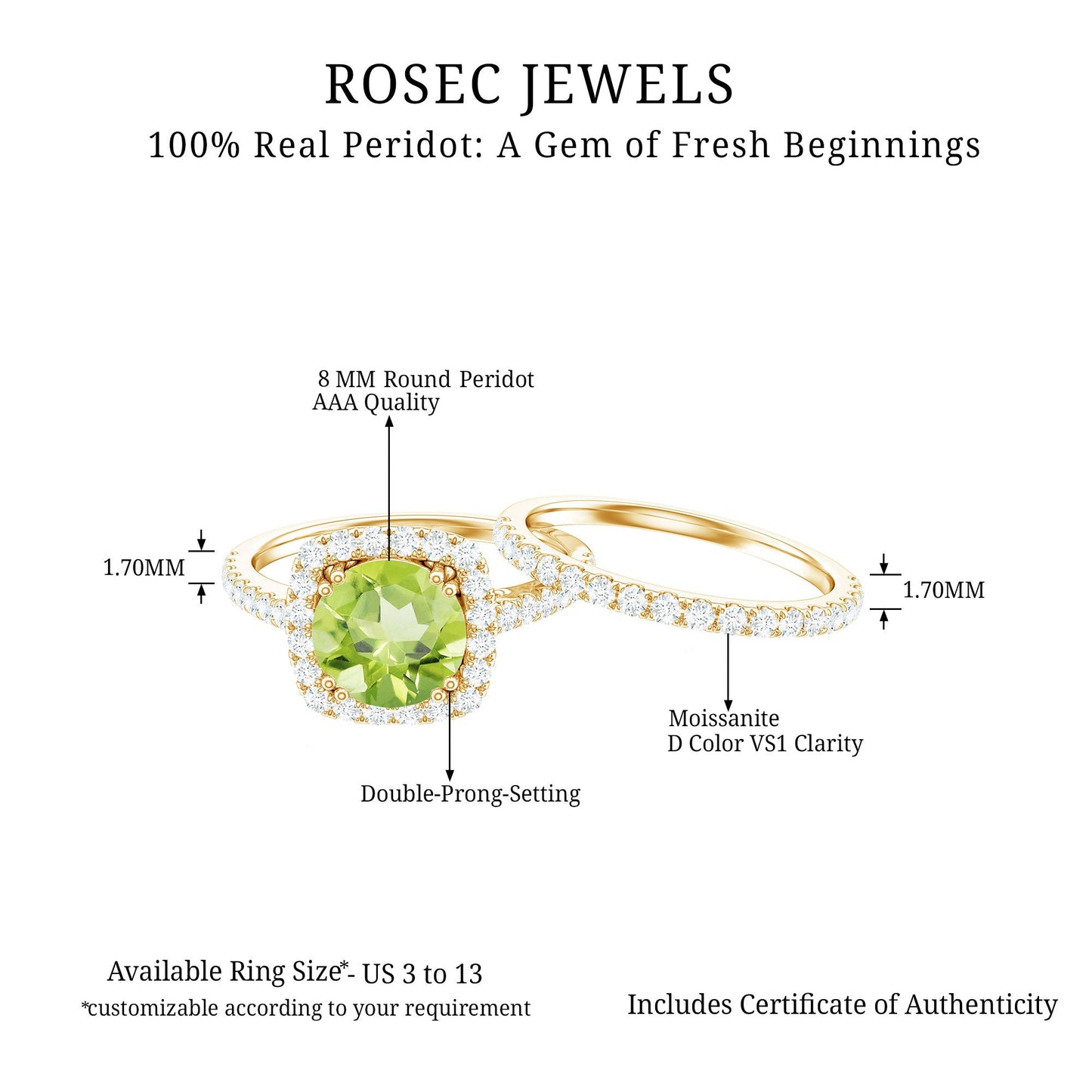 Natural 2 Carat Peridot Engagement Ring with Wedding Band