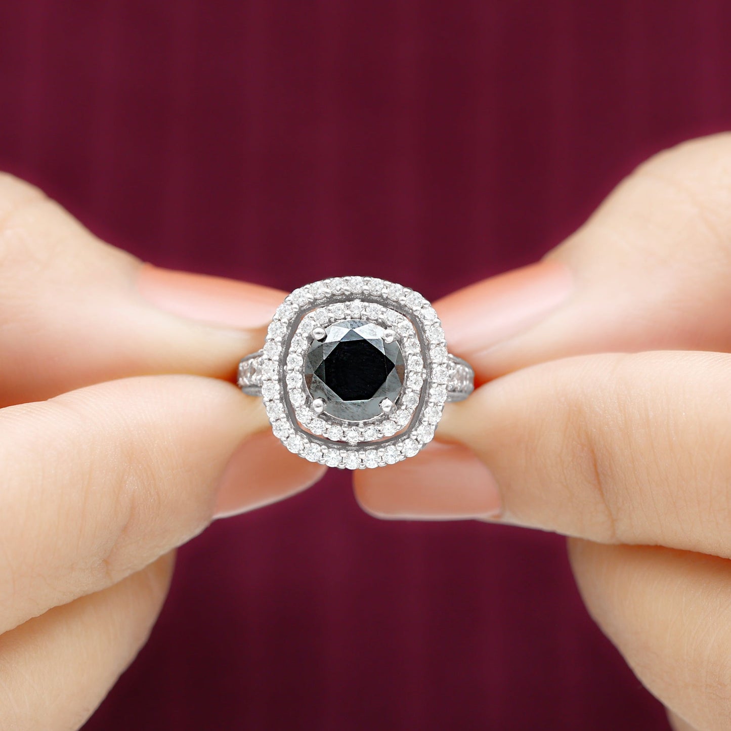 Certified 2 Carat Black Onyx Statement Engagement Ring with Diamond Double Halo