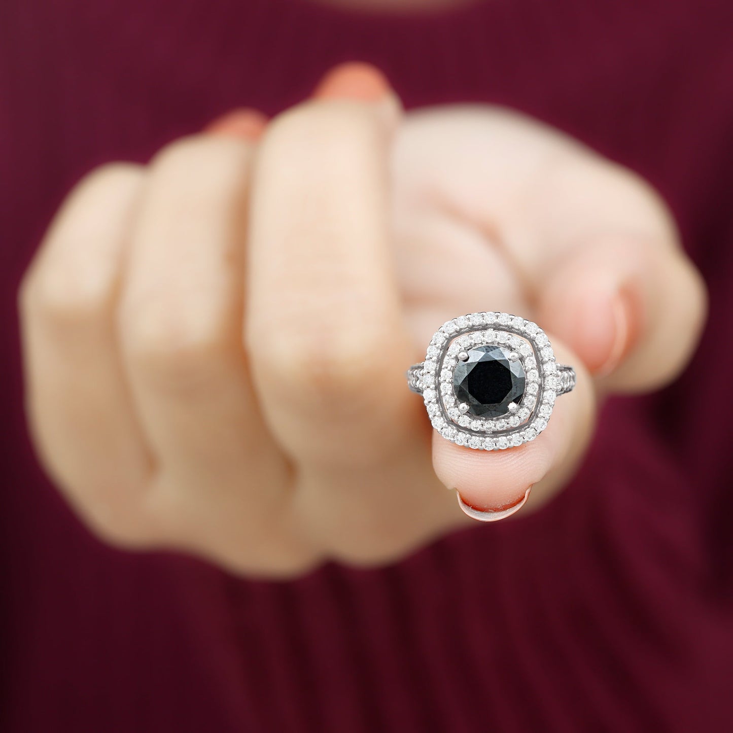 Certified 2 Carat Black Onyx Statement Engagement Ring with Diamond Double Halo