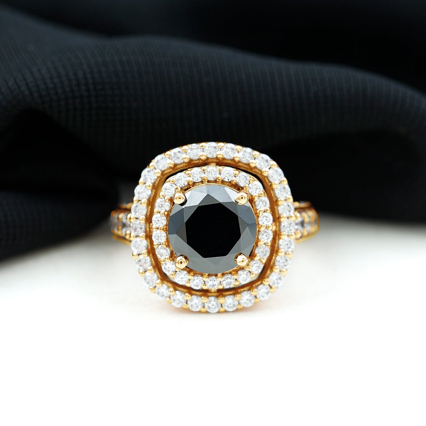 Certified 2 Carat Black Onyx Statement Engagement Ring with Diamond Double Halo