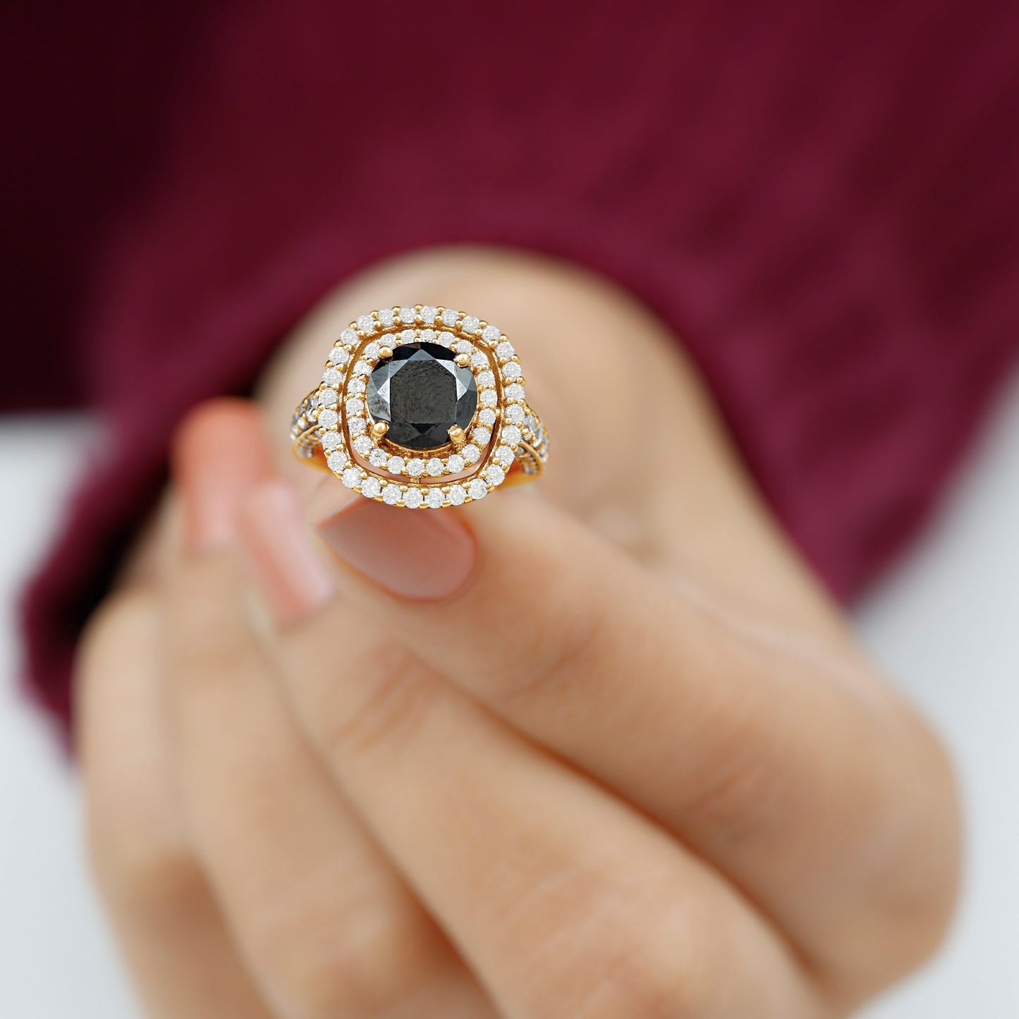 Certified 2 Carat Black Onyx Statement Engagement Ring with Diamond Double Halo