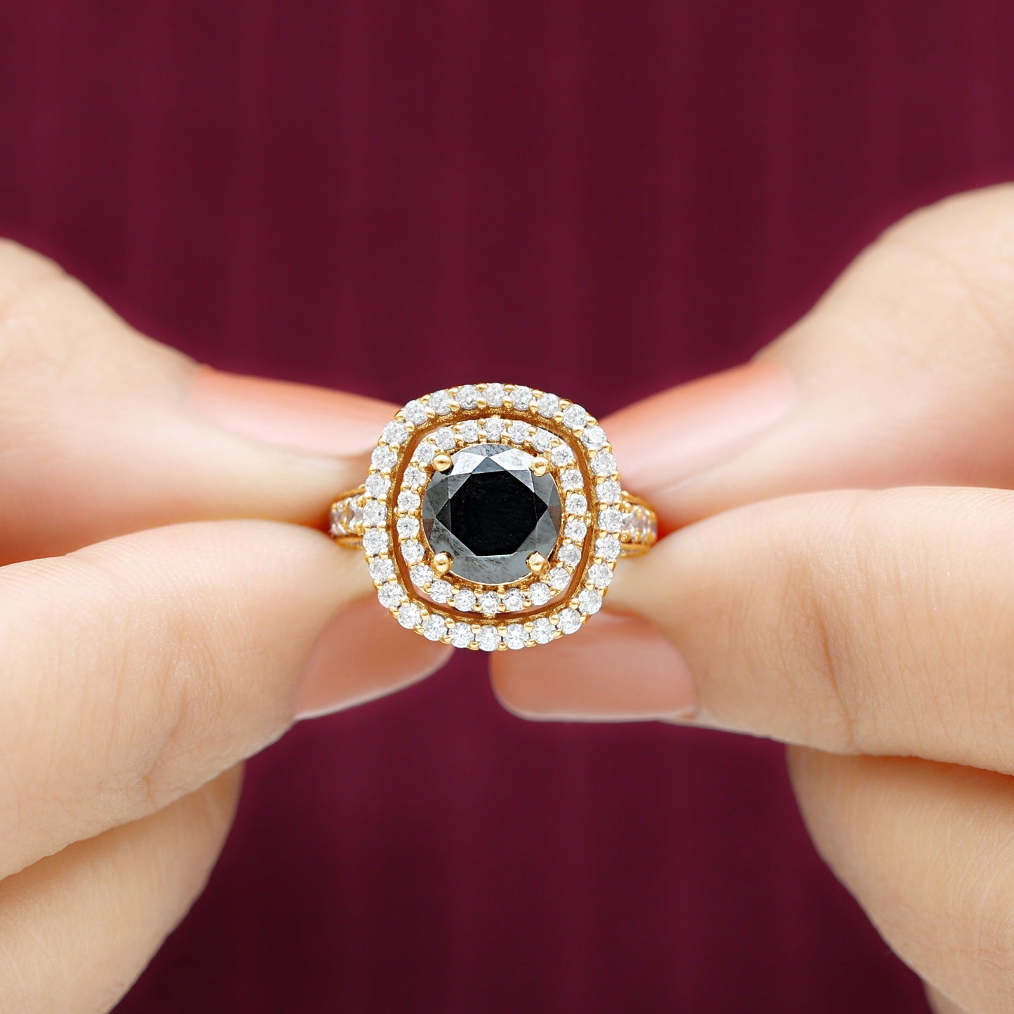 Certified 2 Carat Black Onyx Statement Engagement Ring with Diamond Double Halo