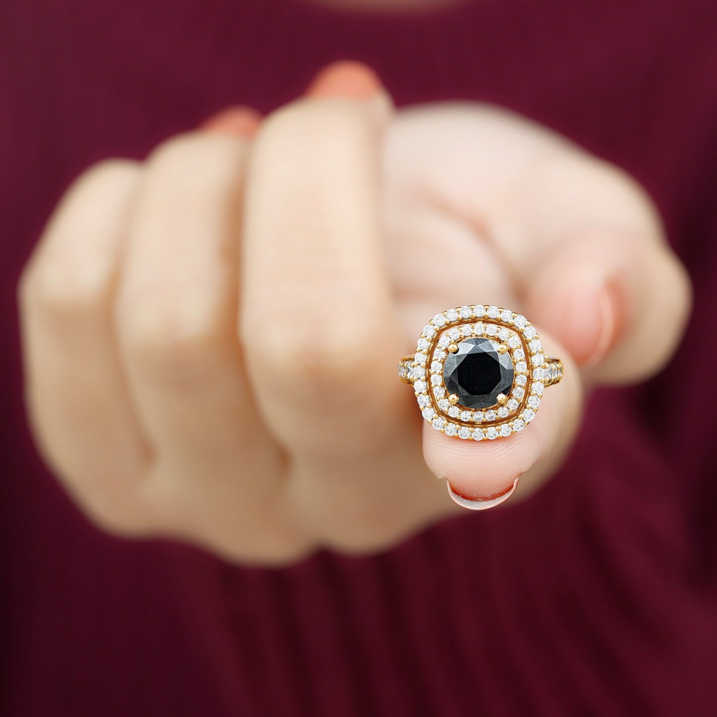 Certified 2 Carat Black Onyx Statement Engagement Ring with Diamond Double Halo