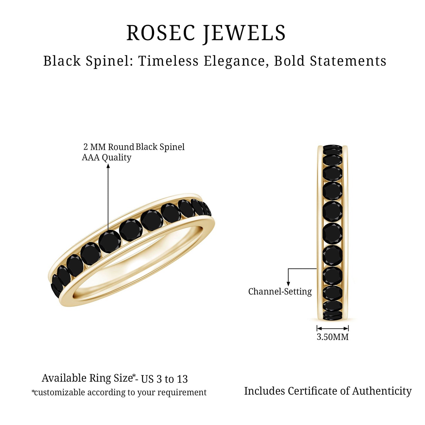Natural Channel Set Black Spinel Eternity Ring for Anniversary