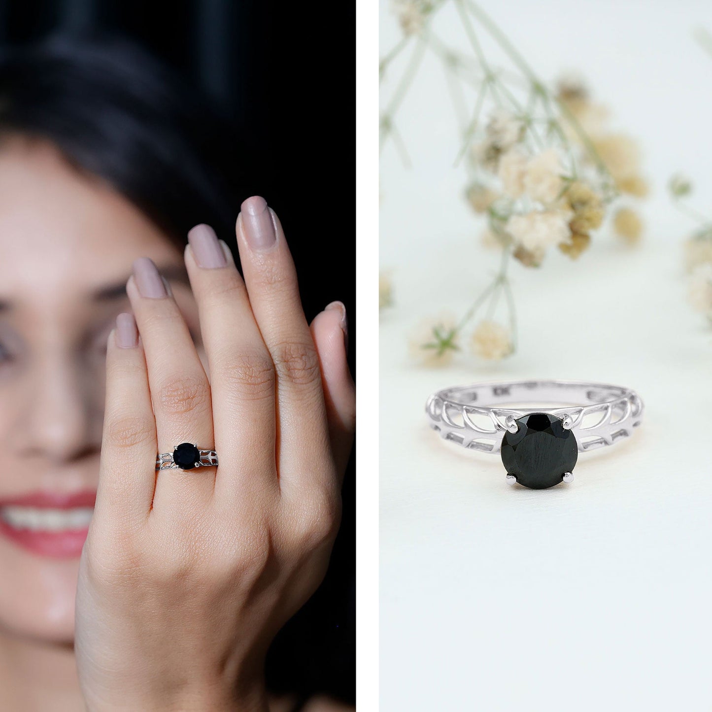 Round Cut Solitaire Black Onyx Engagement Ring with Certificate