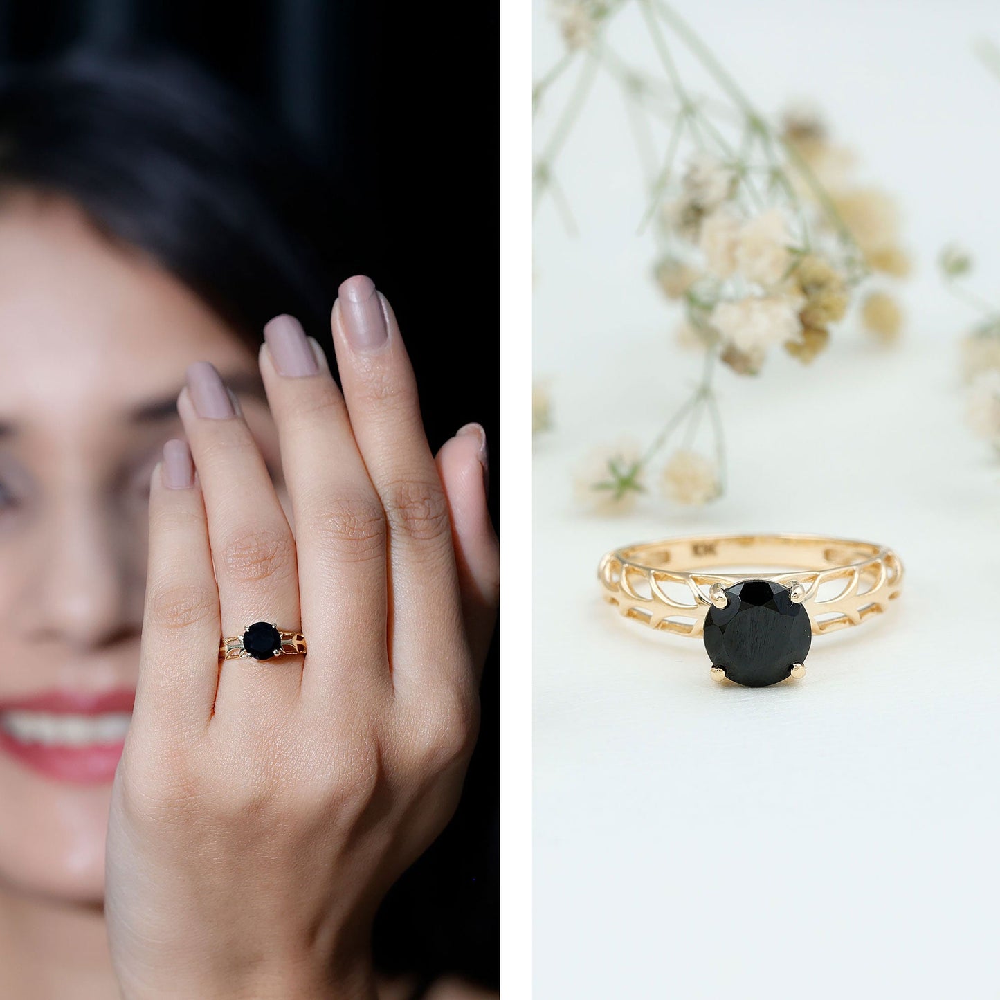 Round Cut Solitaire Black Onyx Engagement Ring with Certificate