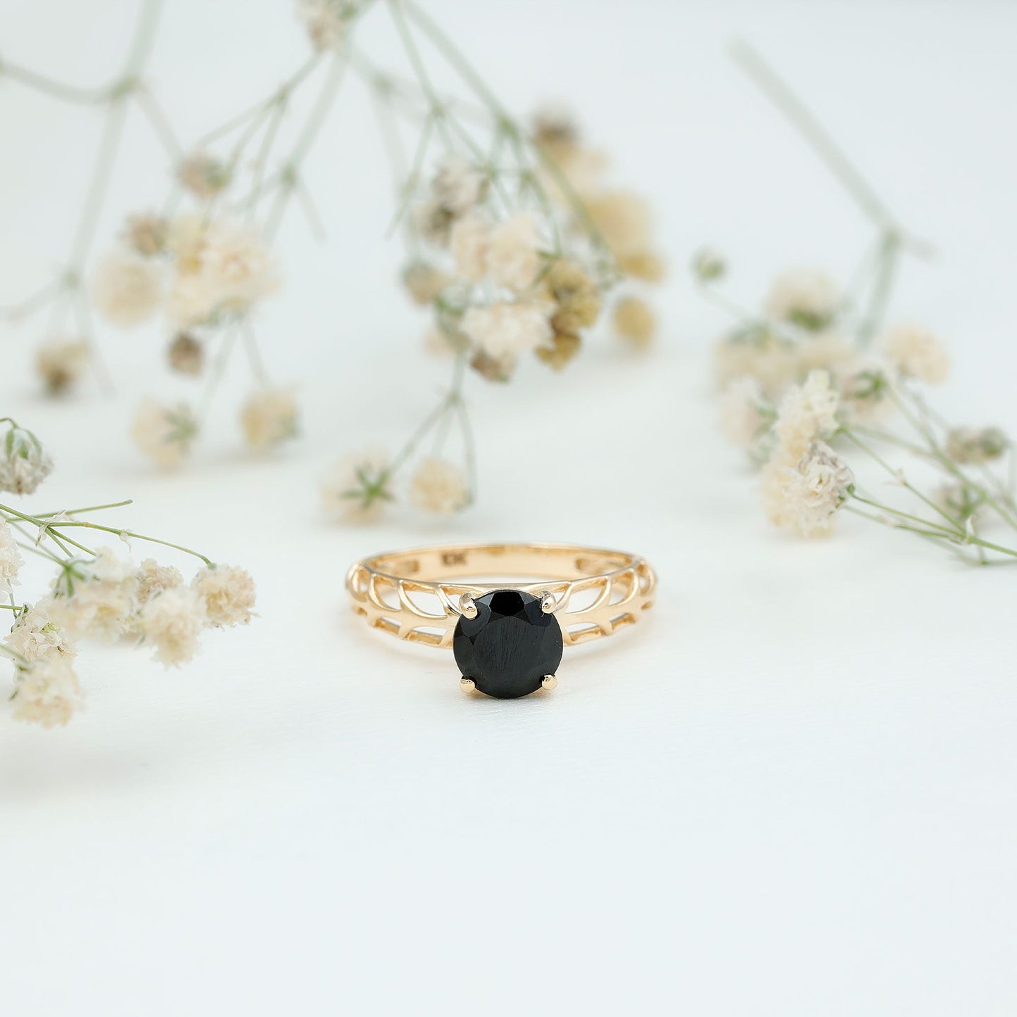 Round Cut Solitaire Black Onyx Engagement Ring with Certificate