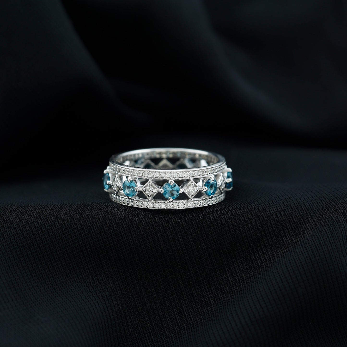 London Blue Topaz Vintage Inspired Eternity Band with Diamond