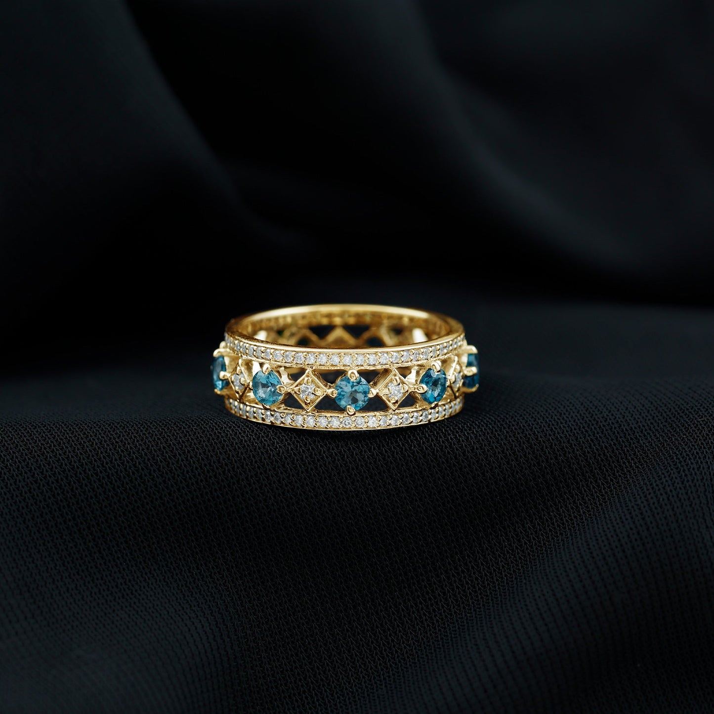 London Blue Topaz Vintage Inspired Eternity Band with Diamond